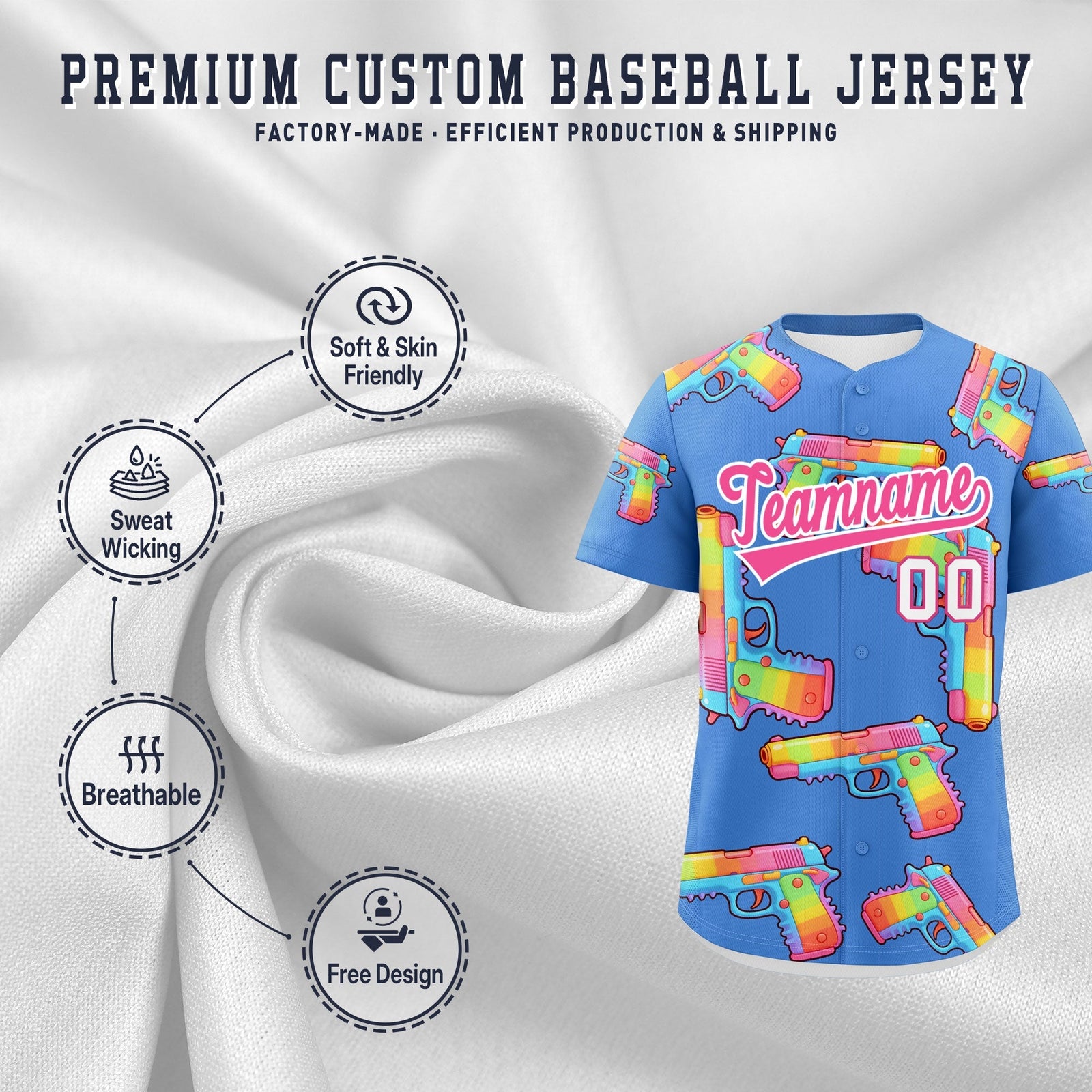 Custom Youth Baseball Jersey Powder Blue Pink Sugar-Coated Firepower Graffiti Pattern Urban Fashion