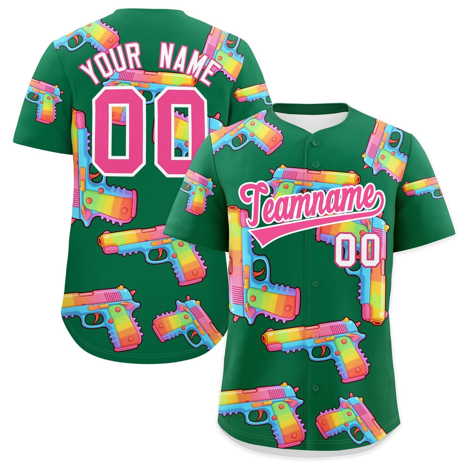 Custom Youth Baseball Jersey Kelly Green Pink Sugar-Coated Firepower Graffiti Pattern Hip-hop