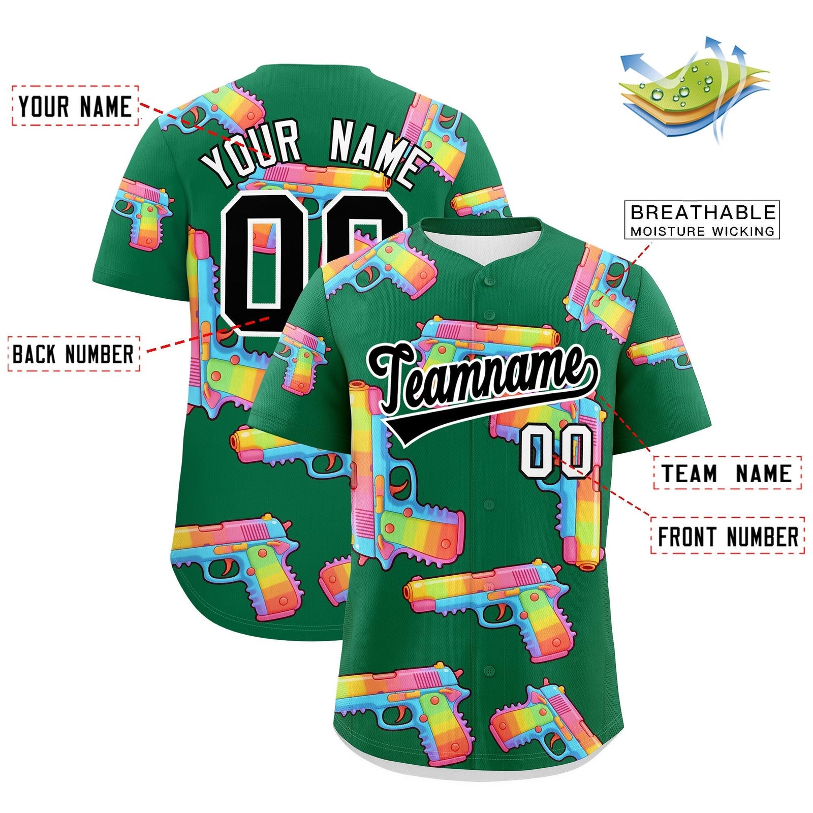 Custom Youth Baseball Jersey Kelly Green Black Sugar-Coated Firepower Graffiti Pattern Urban Fashion
