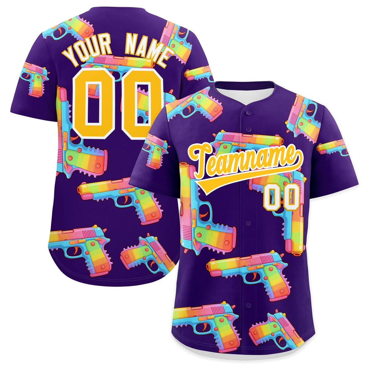 Custom Youth Baseball Jersey Purple Yellow Sugar-Coated Firepower Graffiti Pattern Street Style