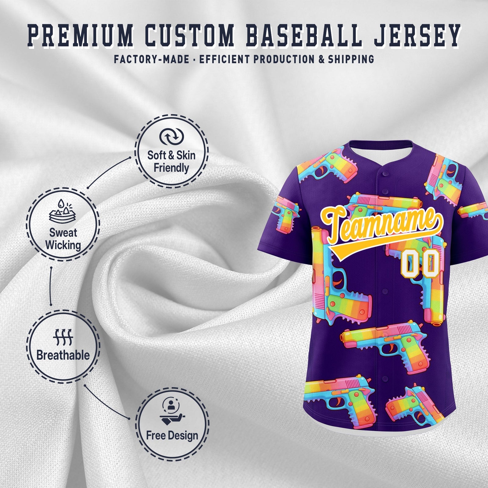 Custom Youth Baseball Jersey Purple Yellow Sugar-Coated Firepower Graffiti Pattern Street Style