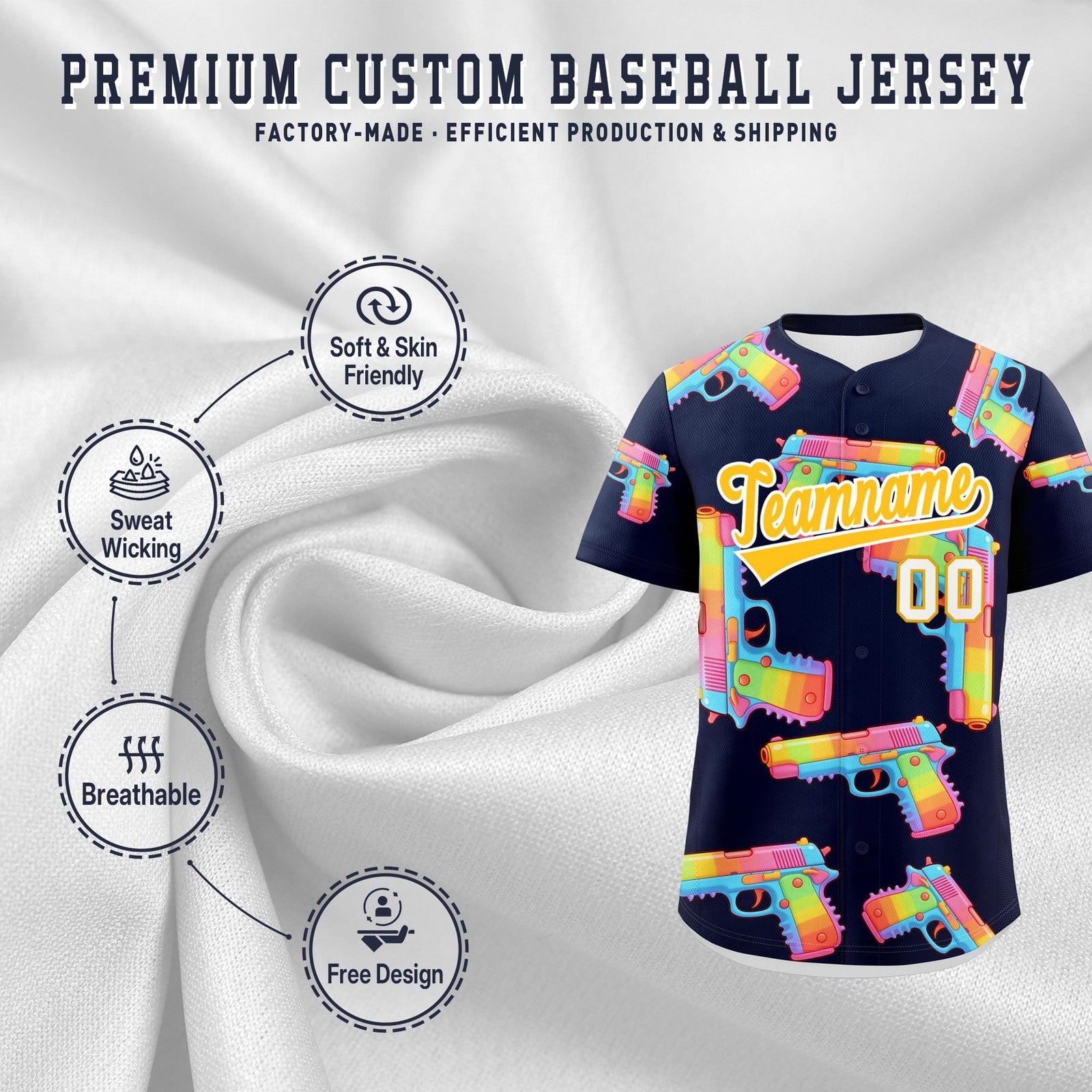 Custom Youth Baseball Jersey Navy Yellow Sugar-Coated Firepower Graffiti Pattern Hip-hop