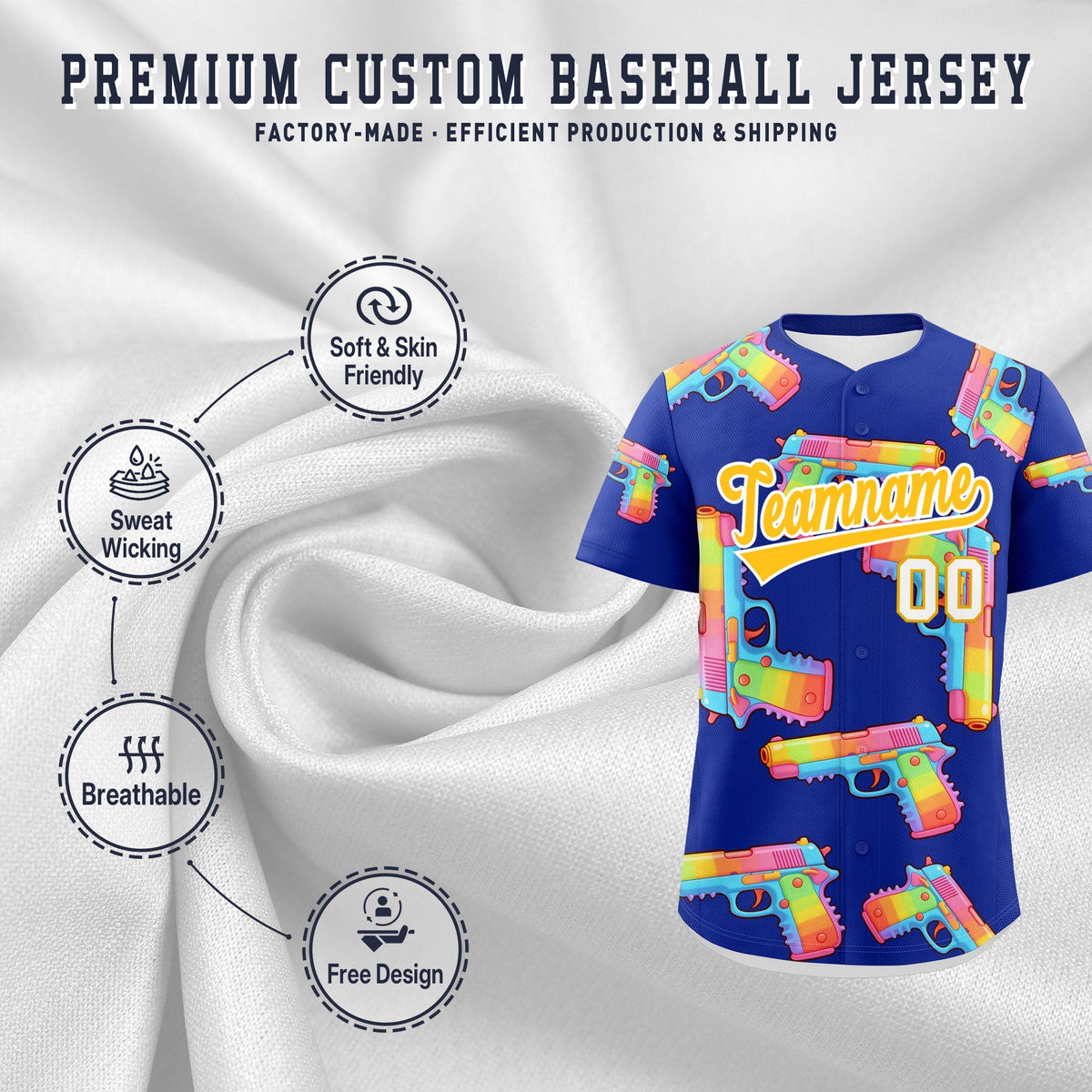 Custom Youth Baseball Jersey Royal Blue Yellow Sugar-Coated Firepower Graffiti Pattern Hip-hop