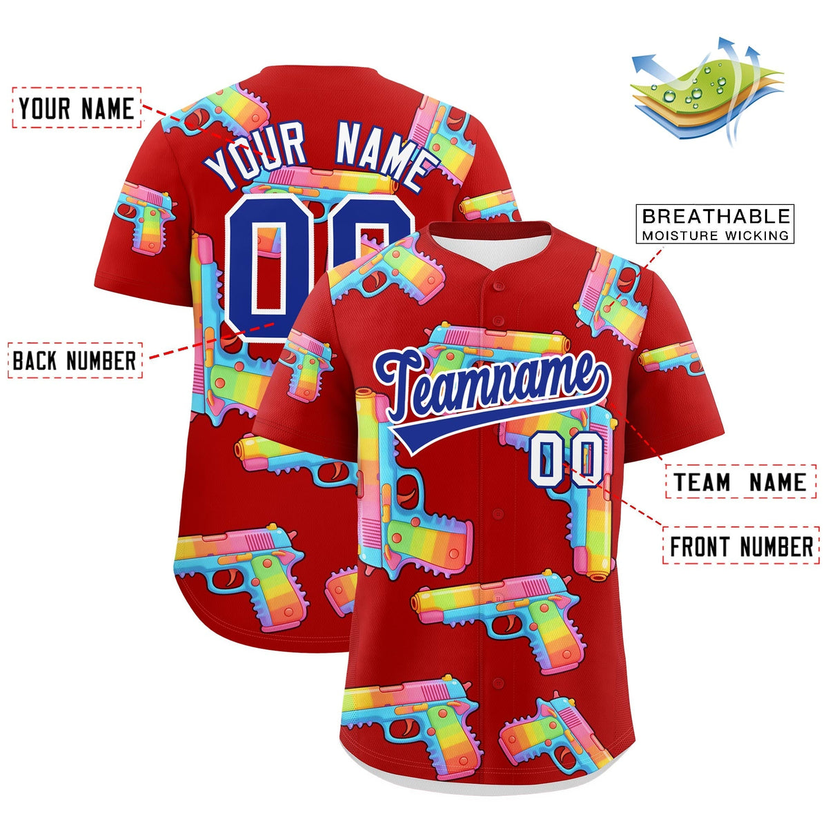 Custom Youth Baseball Jersey Red Royal Blue Sugar-Coated Firepower Graffiti Pattern Hip-hop