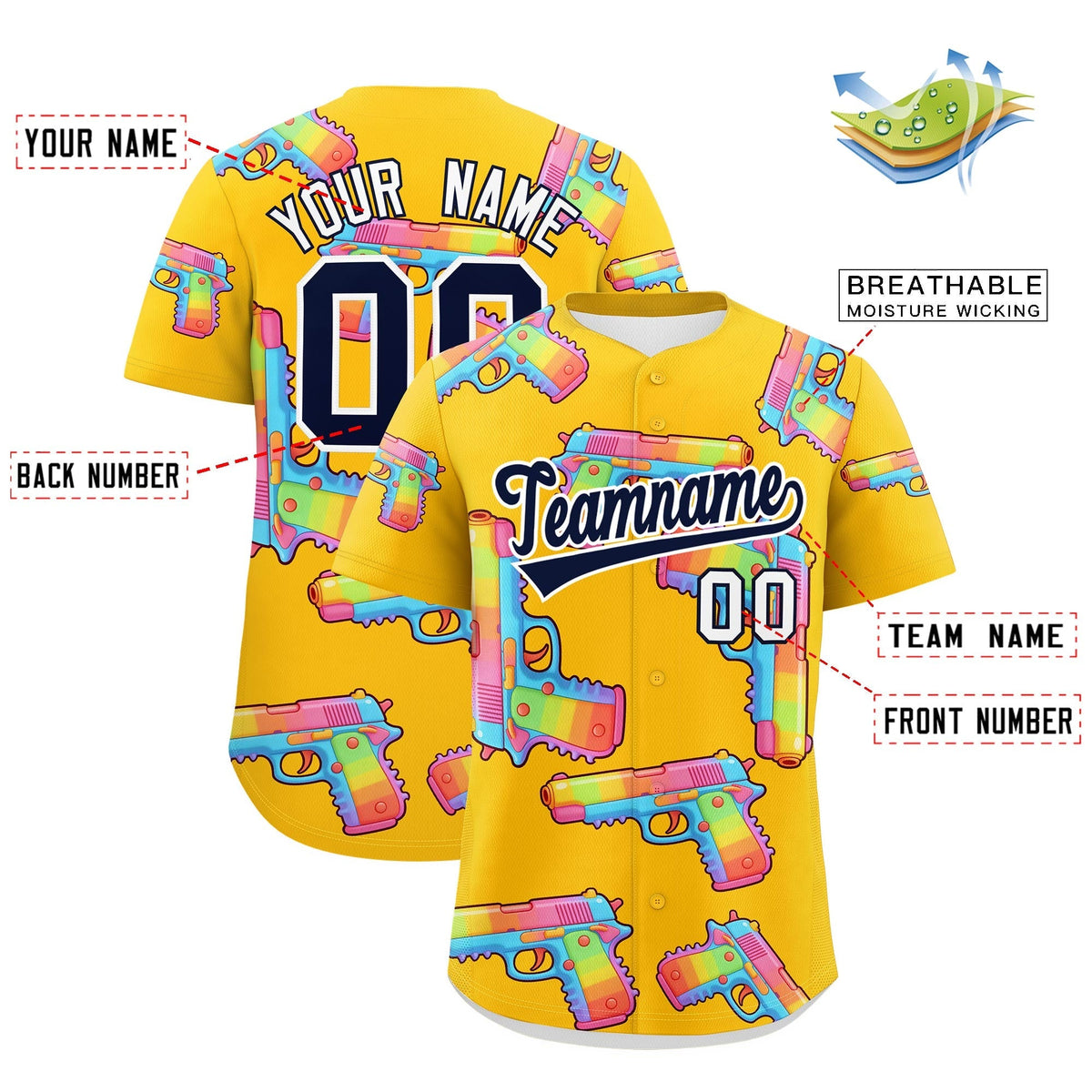 Custom Youth Baseball Jersey Yellow Navy Sugar-Coated Firepower Graffiti Pattern Street Style