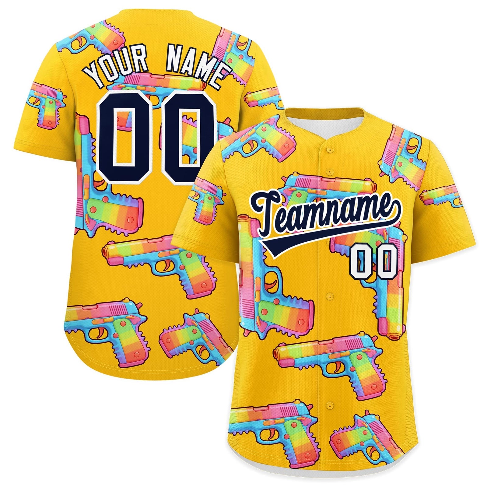 Custom Youth Baseball Jersey Yellow Navy Sugar-Coated Firepower Graffiti Pattern Street Style