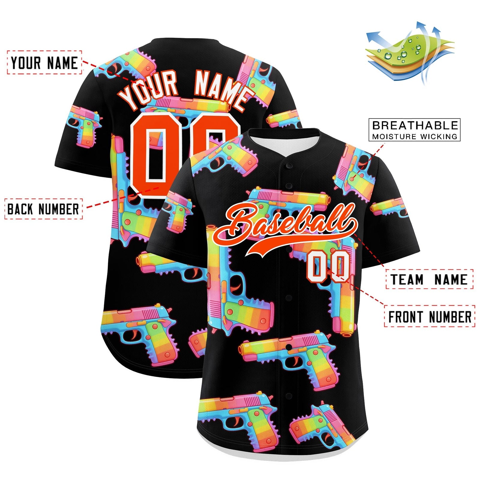 Custom Youth Baseball Jersey Black Orange Sugar-Coated Firepower Graffiti Pattern Urban Fashion