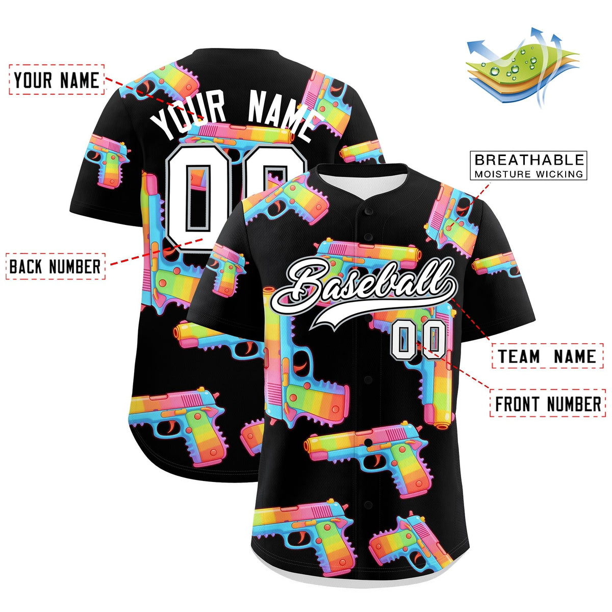 Custom Youth Baseball Jersey Black White Sugar-Coated Firepower Graffiti Pattern Street Style