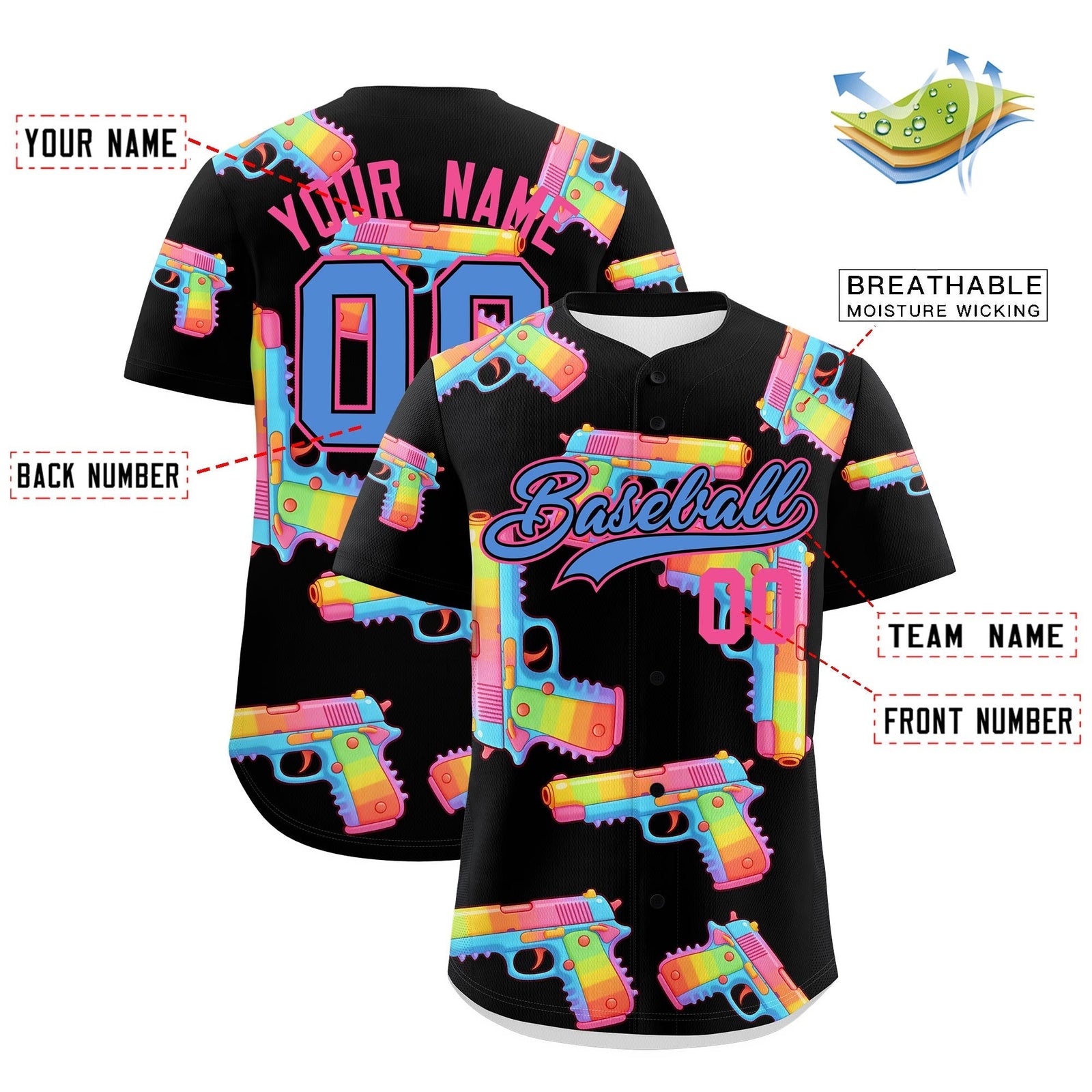 Custom Youth Baseball Jersey Black Powder Blue Sugar-Coated Firepower Graffiti Pattern Hip-hop