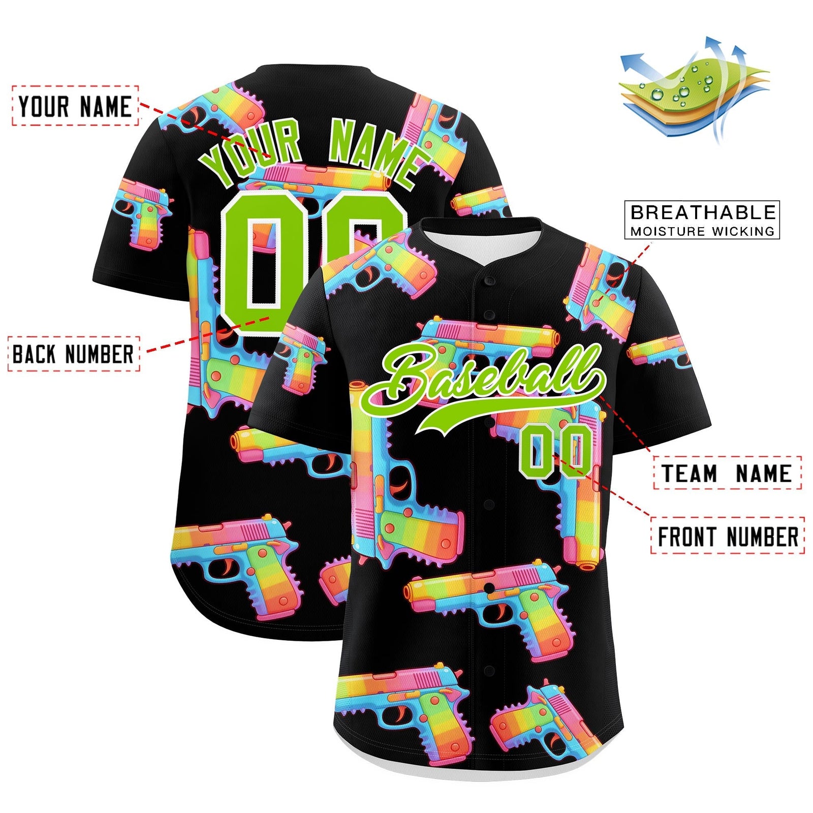Custom Youth Baseball Jersey Black Neon Green Sugar-Coated Firepower Graffiti Pattern Hip-hop