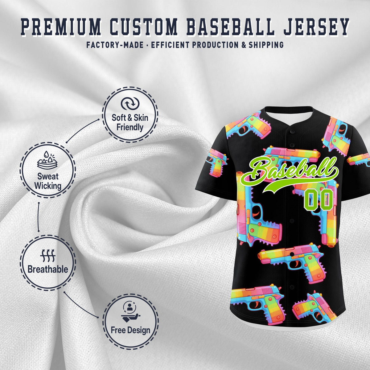 Custom Youth Baseball Jersey Black Neon Green Sugar-Coated Firepower Graffiti Pattern Hip-hop