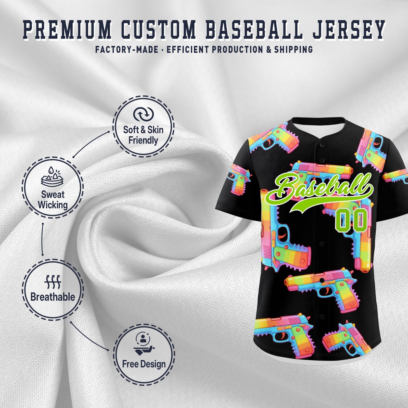 Custom Youth Baseball Jersey Black Neon Green Sugar-Coated Firepower Graffiti Pattern Hip-hop