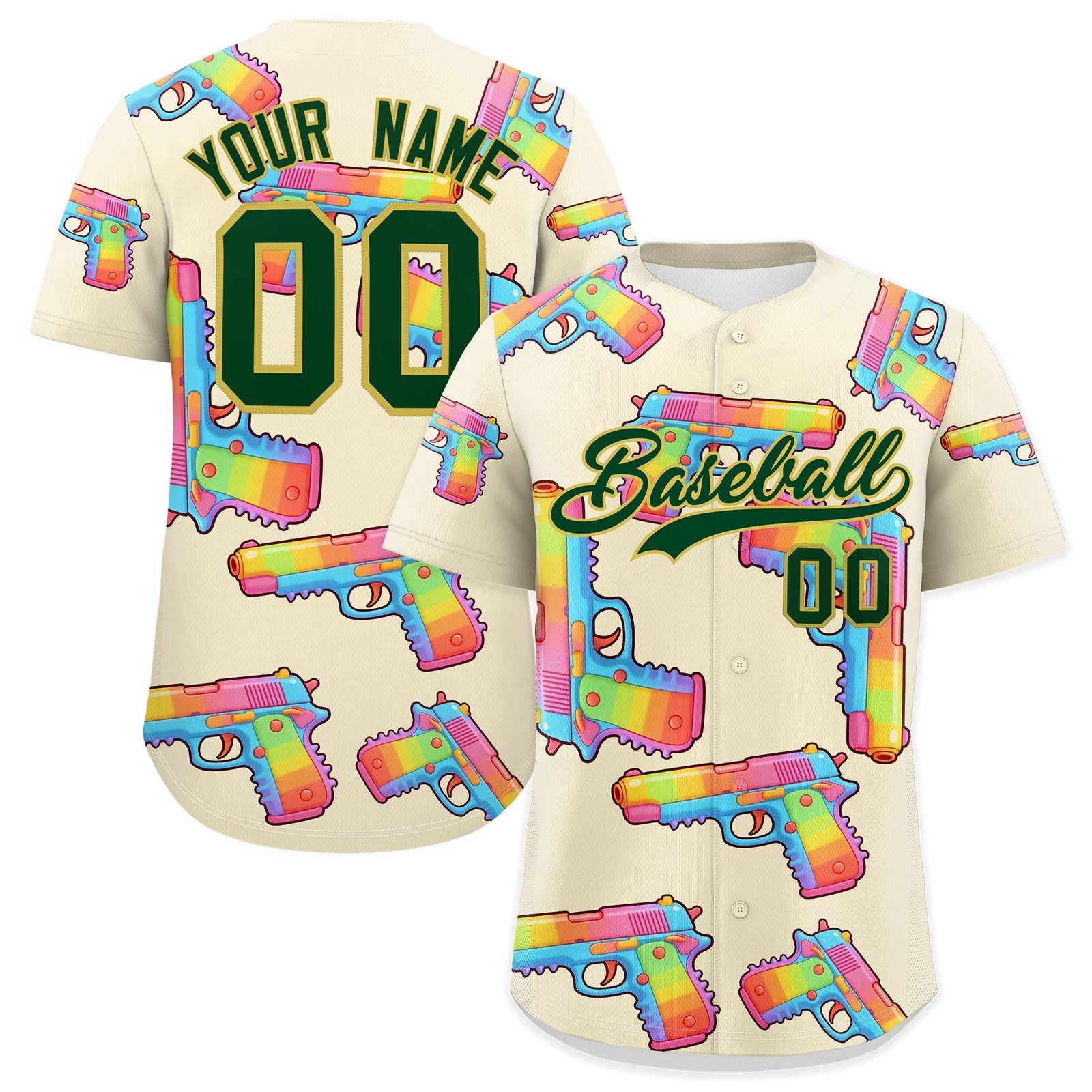 Custom Youth Baseball Jersey Cream Dark Green Sugar-Coated Firepower Graffiti Pattern Urban Fashion