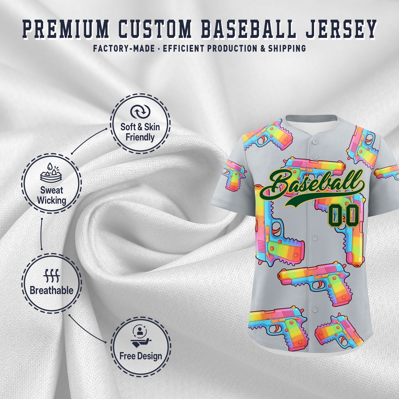 Custom Youth Baseball Jersey Silver Dark Green Sugar-Coated Firepower Graffiti Pattern Hip-hop