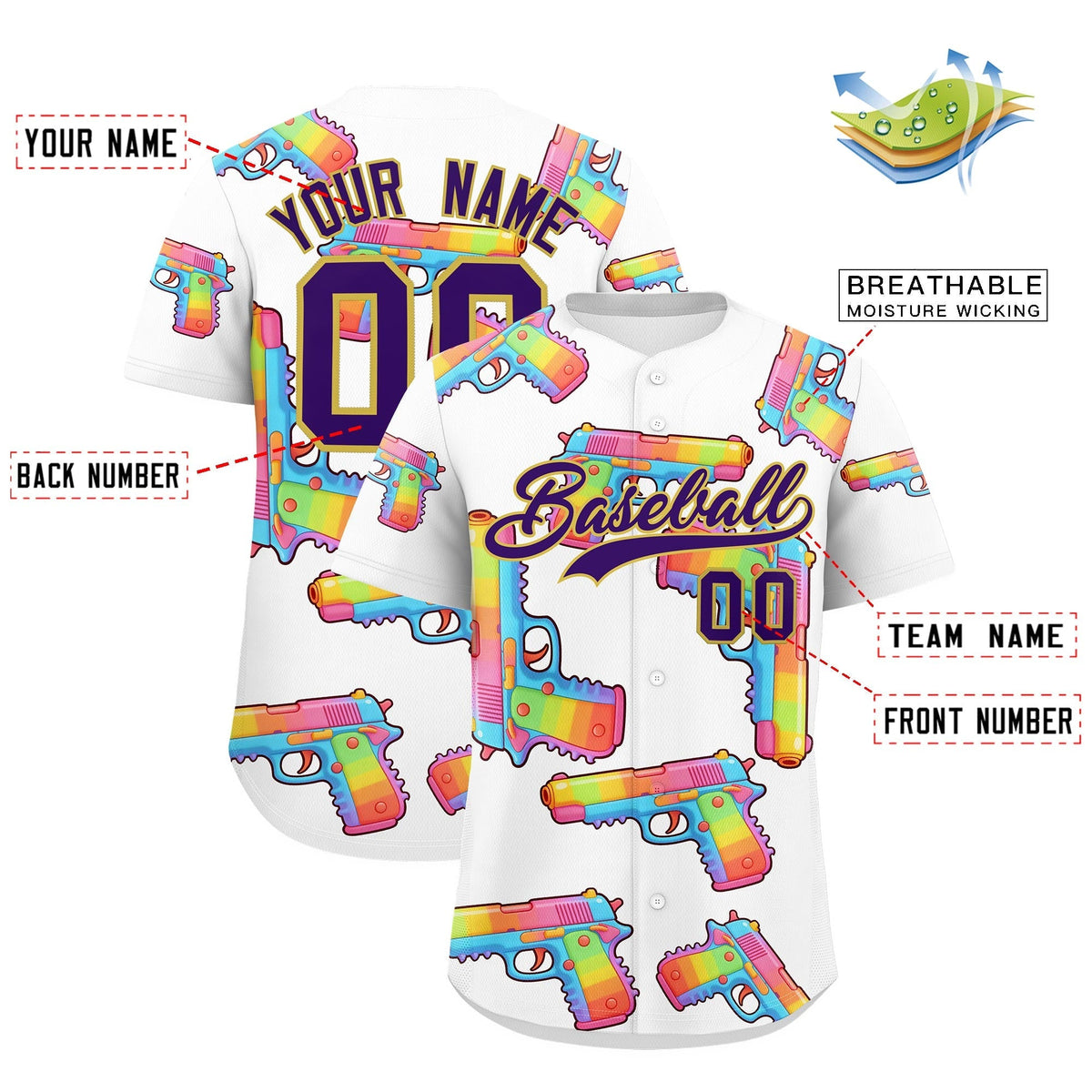 Custom Youth Baseball Jersey White Purple Sugar-Coated Firepower Graffiti Pattern Street Style