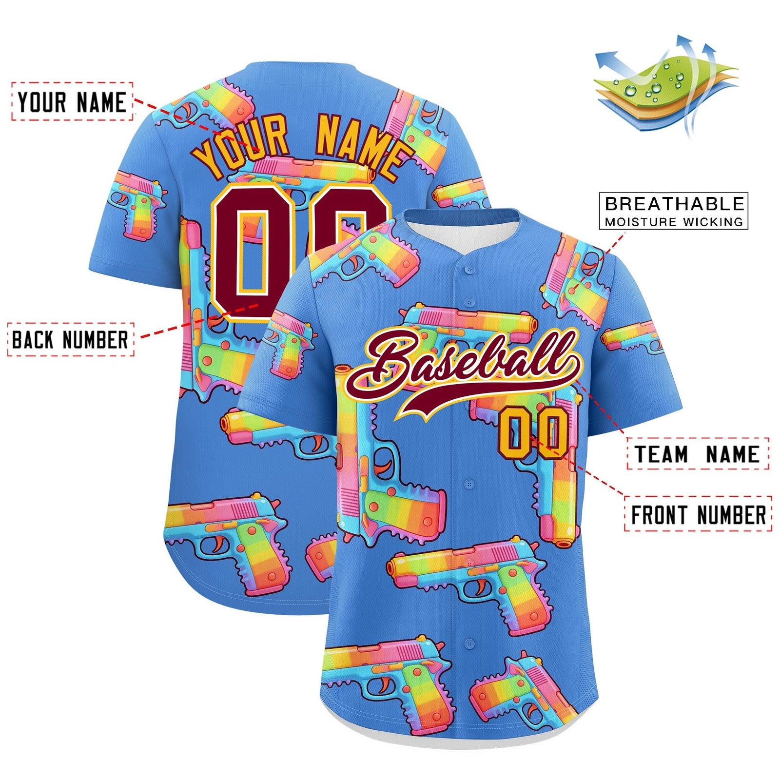 Custom Youth Baseball Jersey Powder Blue Crimson Sugar-Coated Firepower Graffiti Pattern Street Style