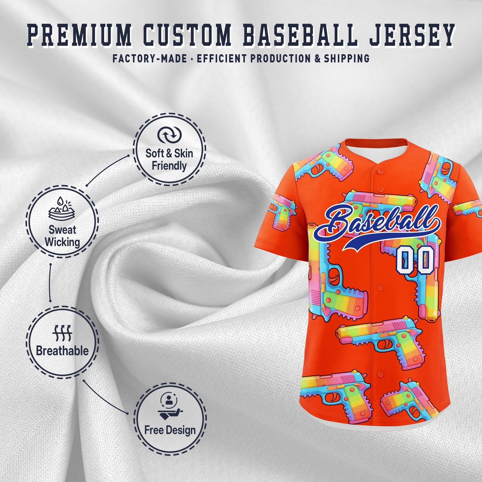 Custom Youth Baseball Jersey Orange Royal Blue Sugar-Coated Firepower Graffiti Pattern Urban Fashion