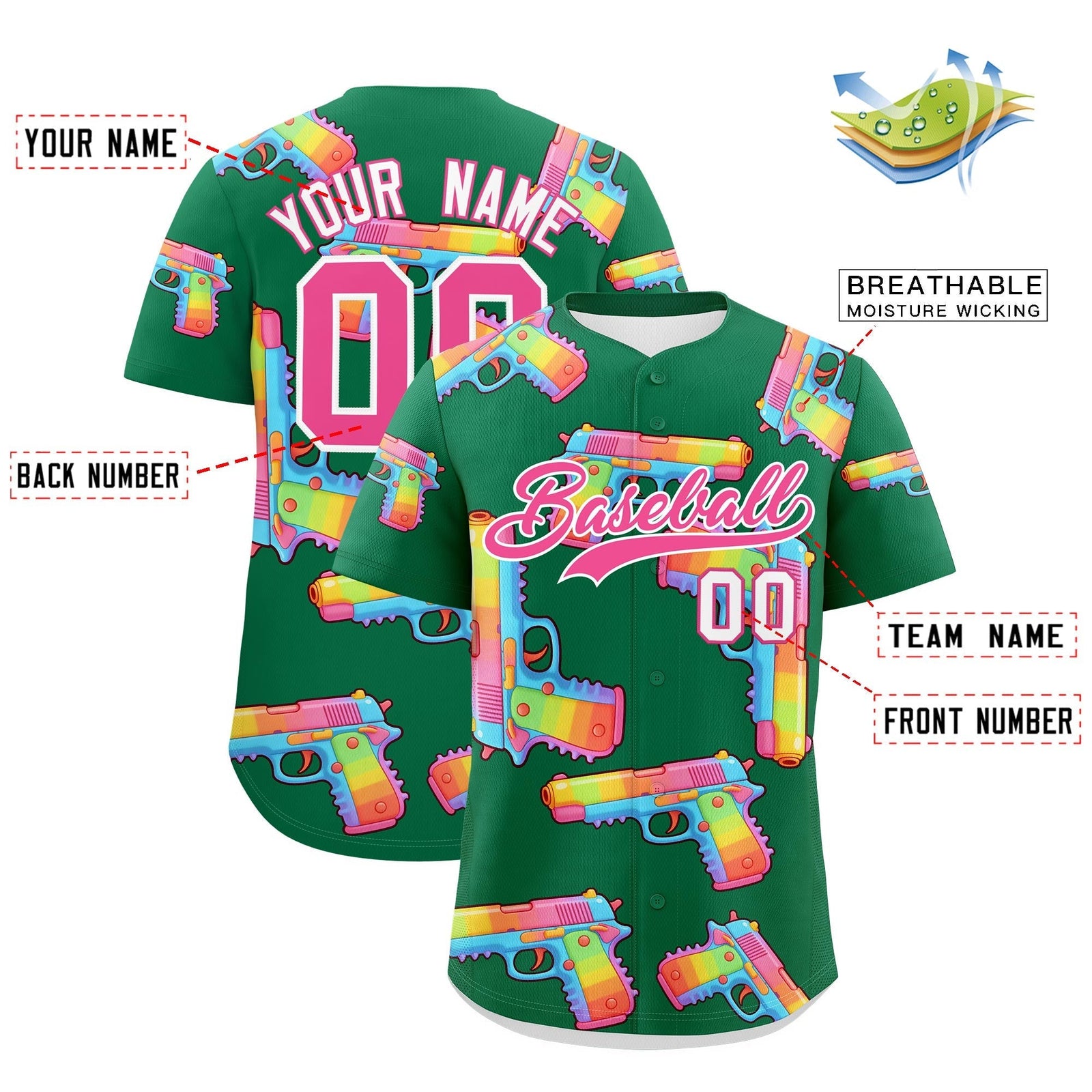 Custom Youth Baseball Jersey Kelly Green Pink Sugar-Coated Firepower Graffiti Pattern Hip-hop