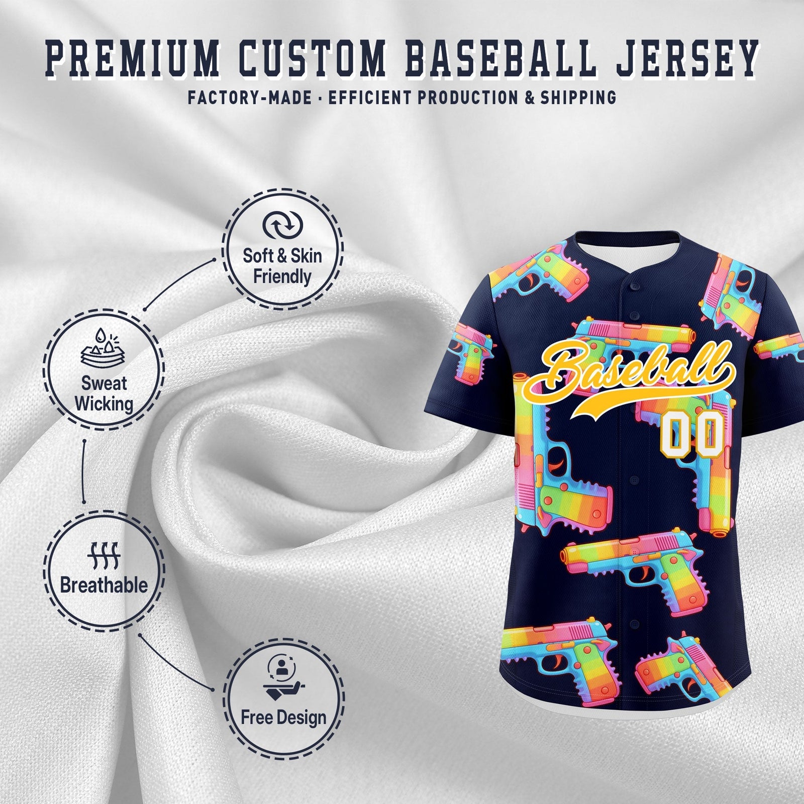 Custom Youth Baseball Jersey Navy Yellow Sugar-Coated Firepower Graffiti Pattern Hip-hop