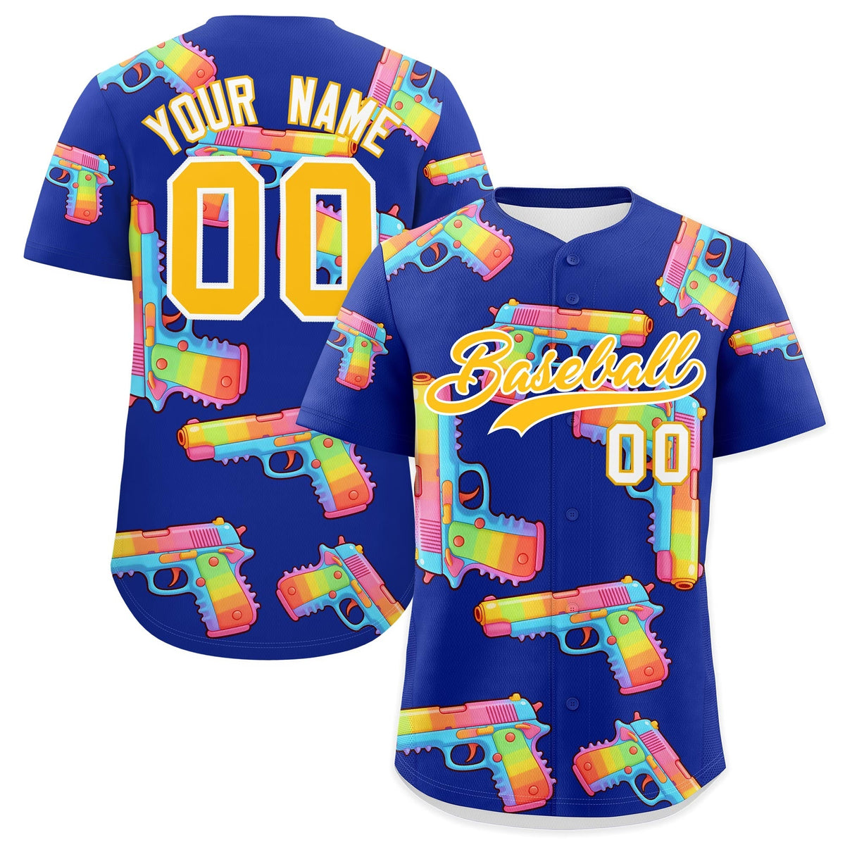 Custom Youth Baseball Jersey Royal Blue Yellow Sugar-Coated Firepower Graffiti Pattern Hip-hop