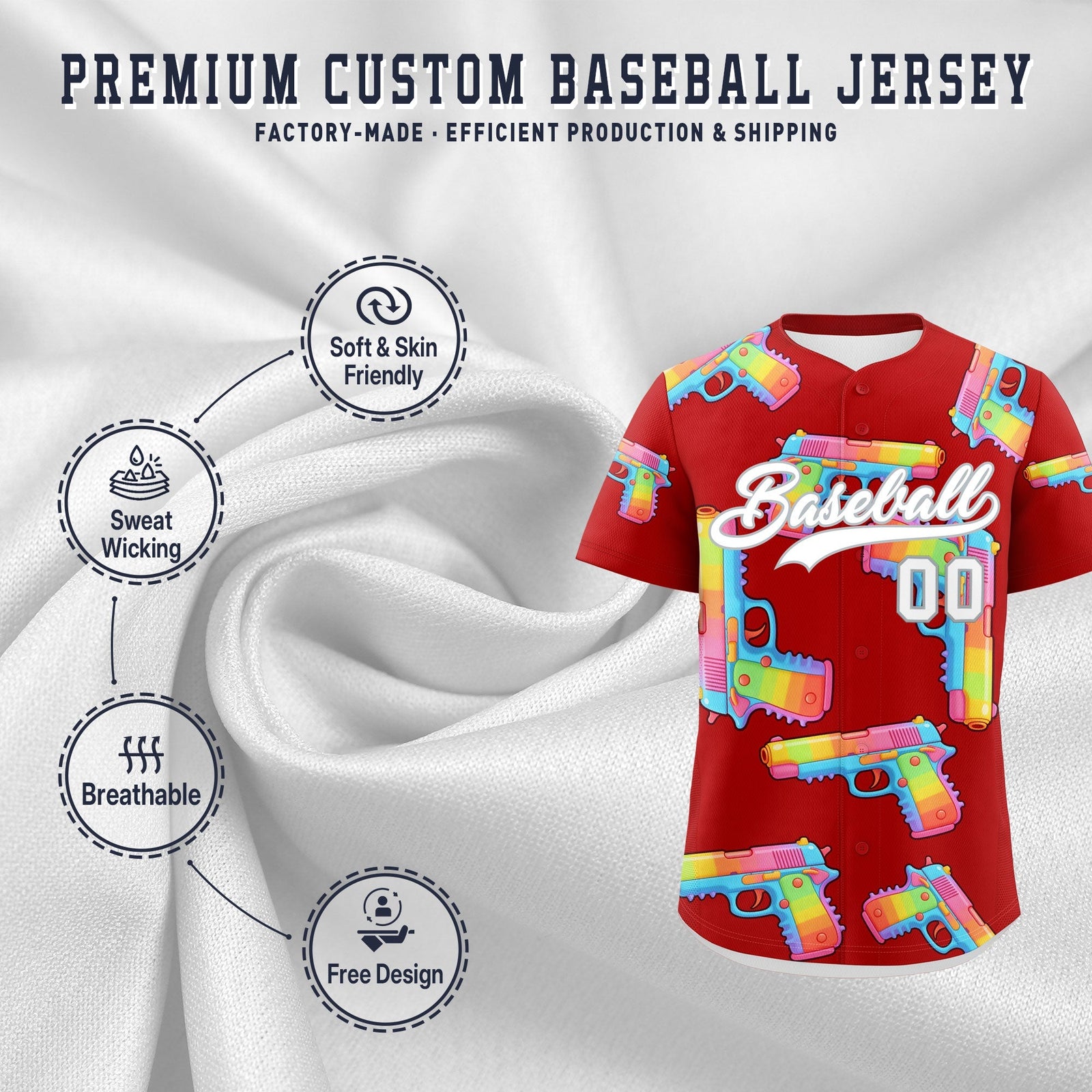 Custom Youth Baseball Jersey Red White Sugar-Coated Firepower Graffiti Pattern Urban Fashion