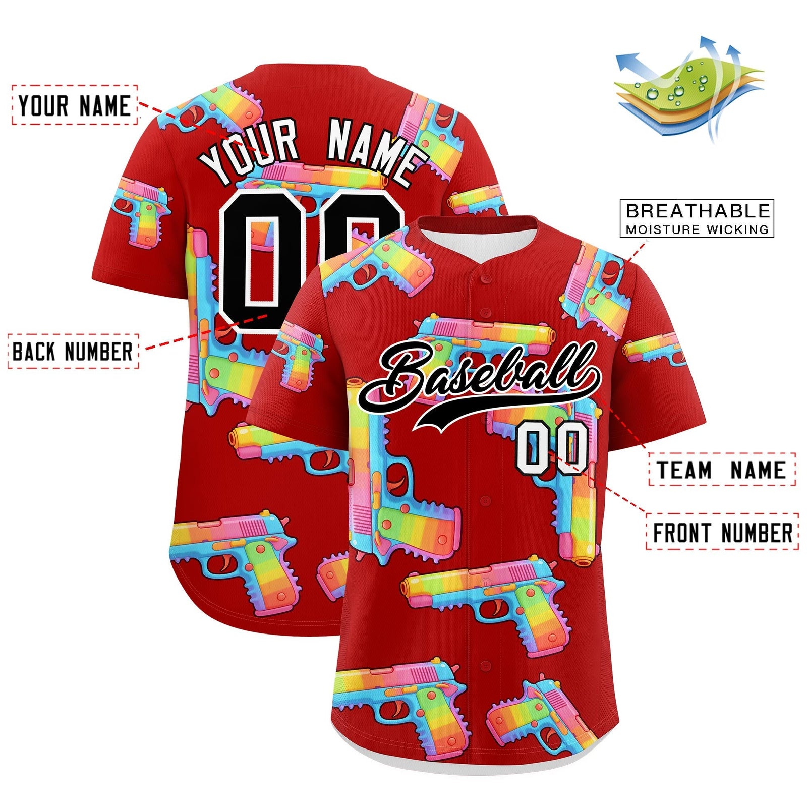 Custom Youth Baseball Jersey Red Black Sugar-Coated Firepower Graffiti Pattern Street Style