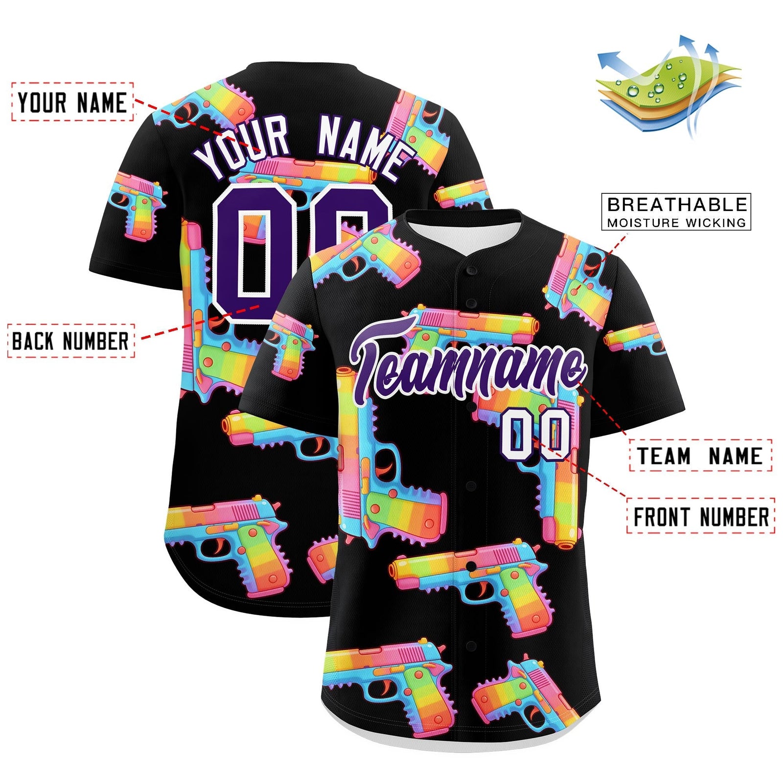 Custom Youth Baseball Jersey Black Purple Sugar-Coated Firepower Graffiti Pattern Street Style