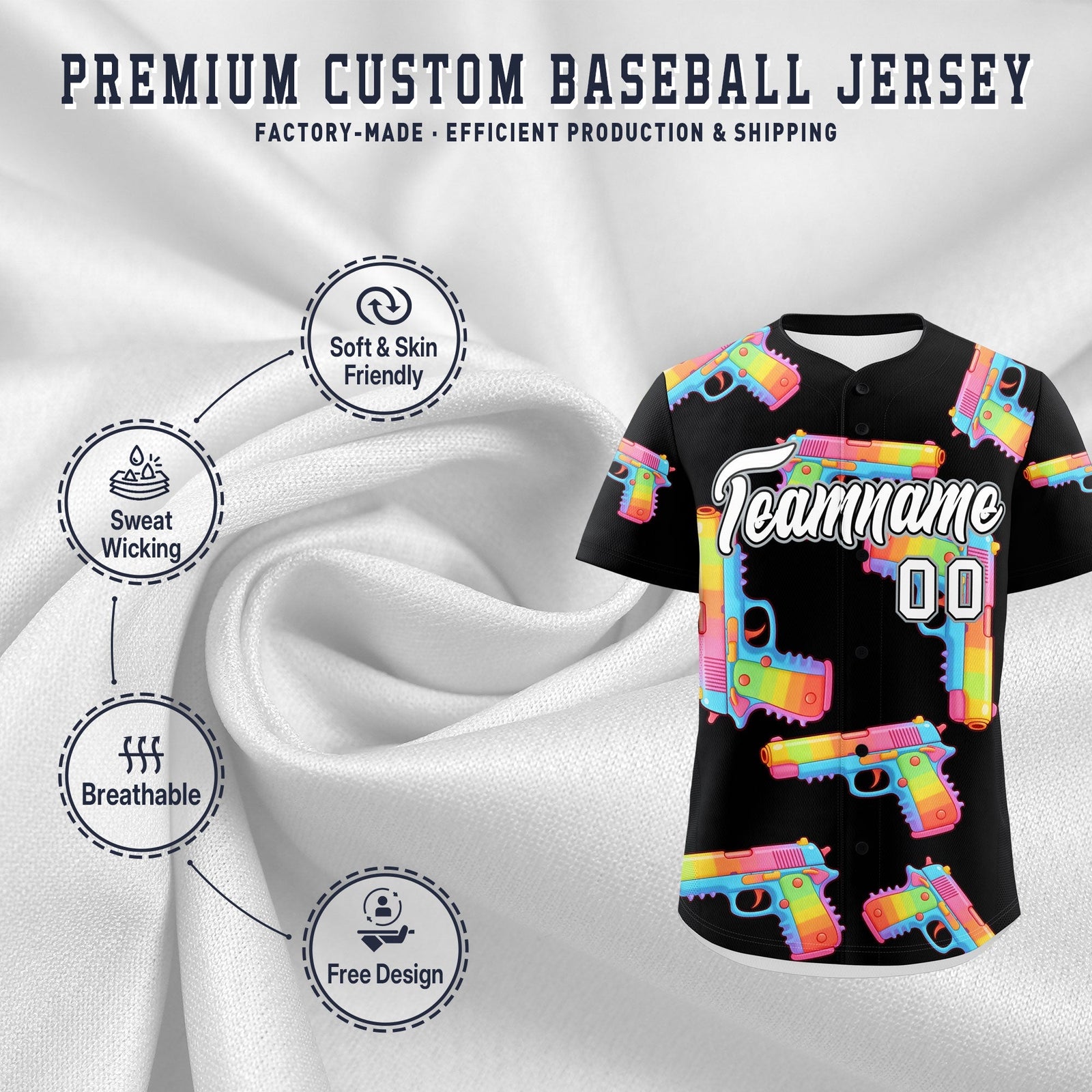 Custom Youth Baseball Jersey Black White Sugar-Coated Firepower Graffiti Pattern Street Style