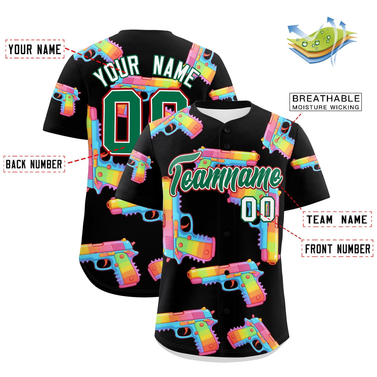 Custom Youth Baseball Jersey Black Kelly Green Sugar-Coated Firepower Graffiti Pattern Urban Fashion