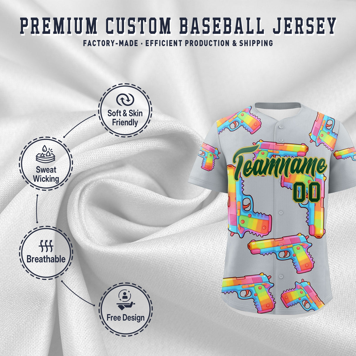 Custom Youth Baseball Jersey Silver Dark Green Sugar-Coated Firepower Graffiti Pattern Hip-hop