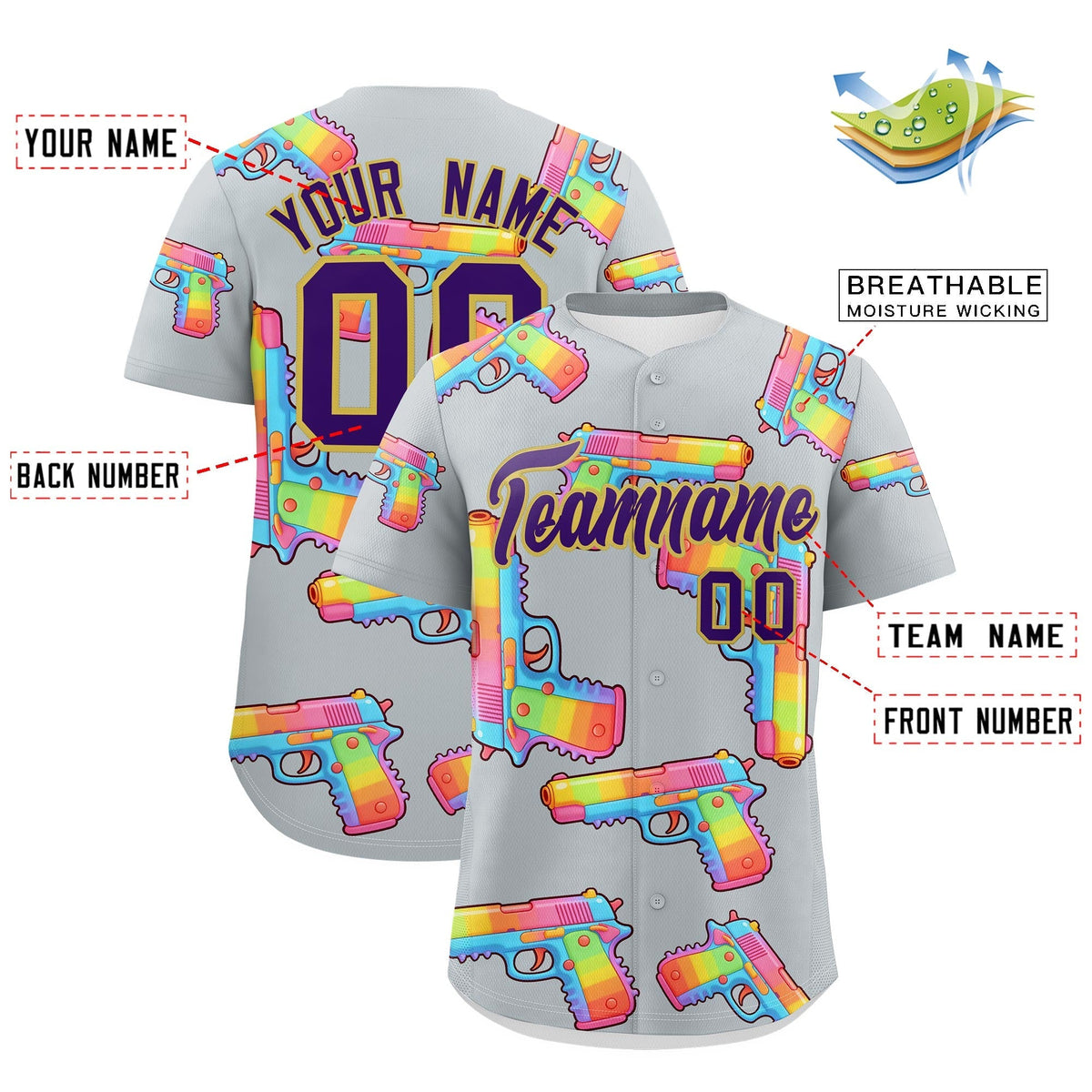Custom Youth Baseball Jersey Silver Purple Sugar-Coated Firepower Graffiti Pattern Urban Fashion