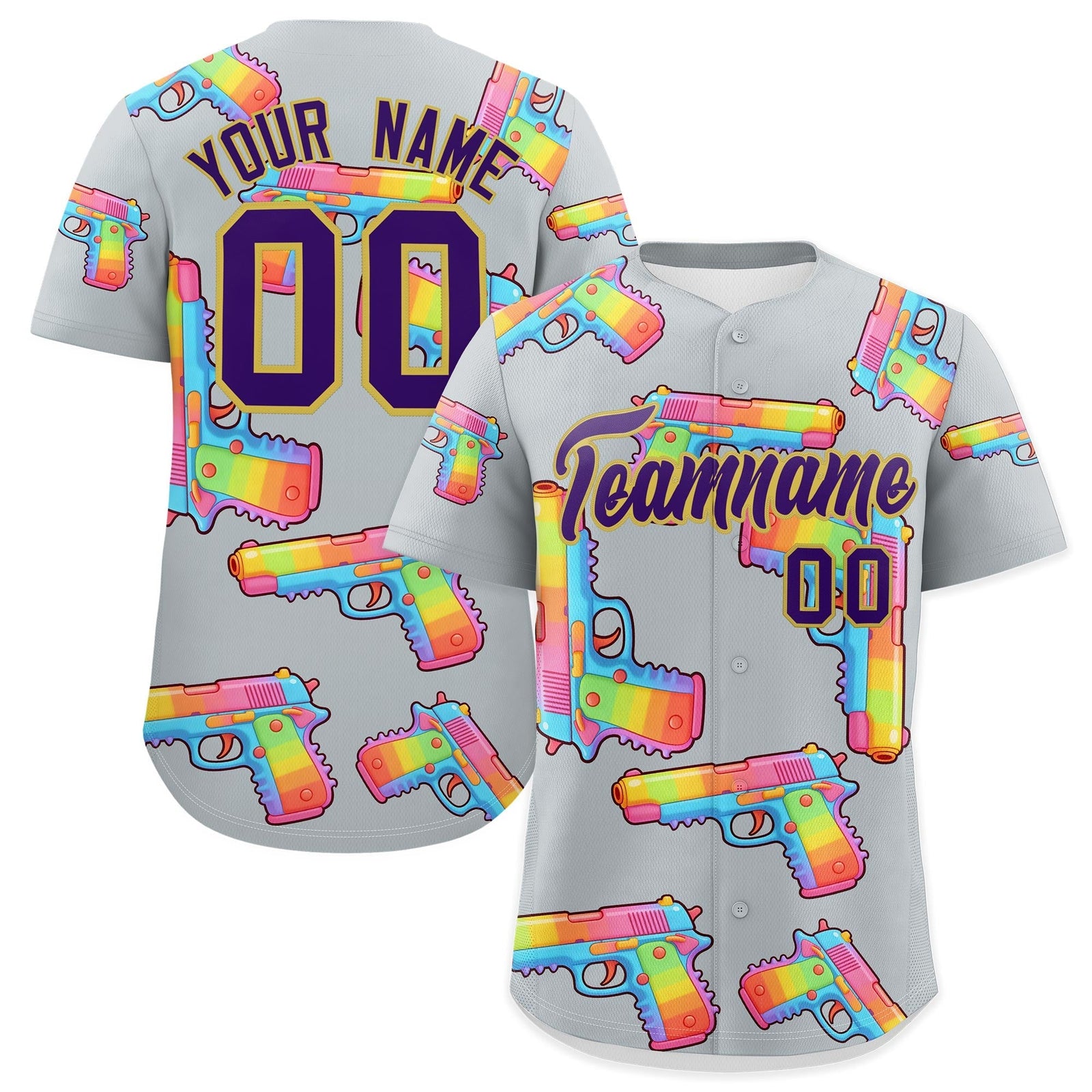Custom Youth Baseball Jersey Silver Purple Sugar-Coated Firepower Graffiti Pattern Urban Fashion