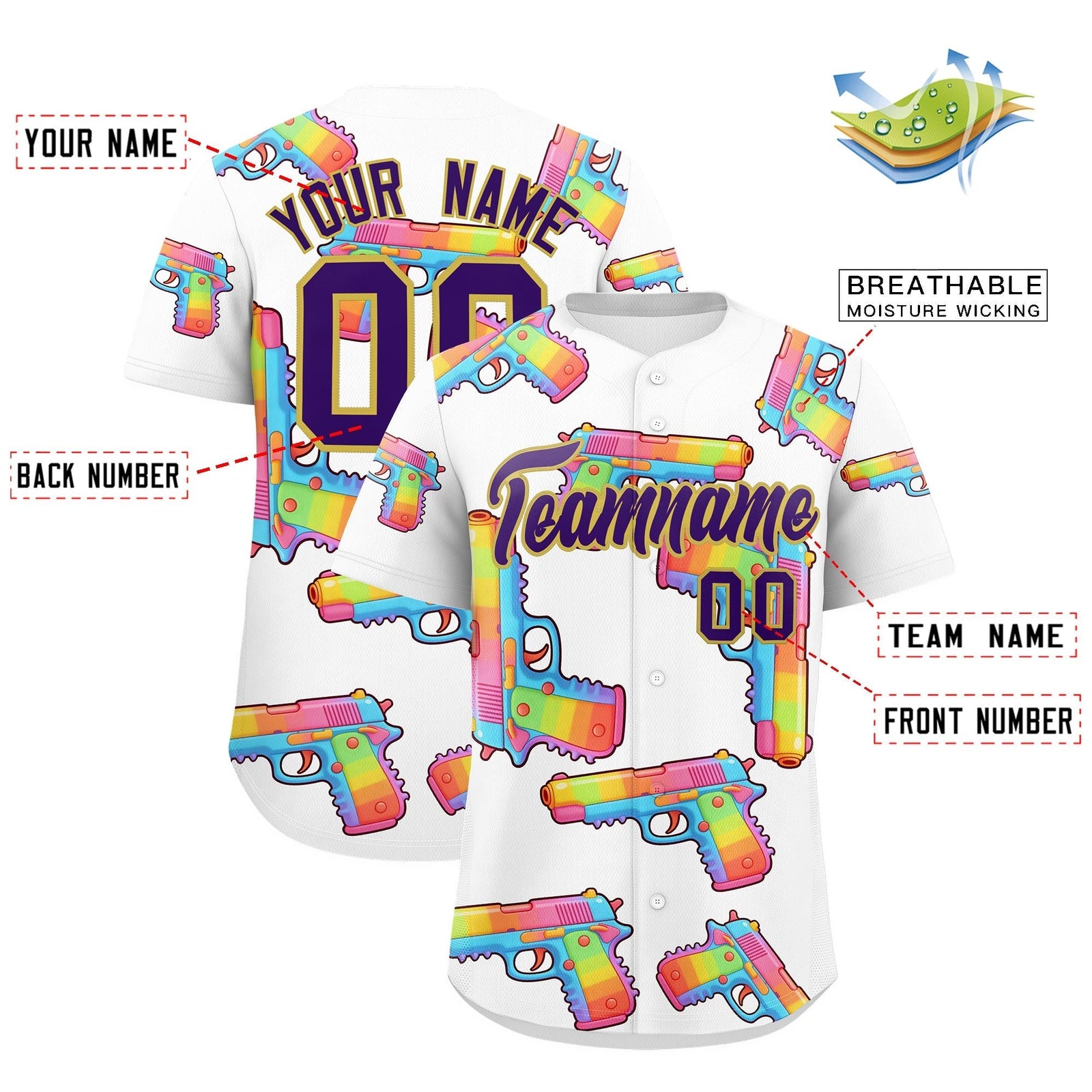 Custom Youth Baseball Jersey White Purple Sugar-Coated Firepower Graffiti Pattern Street Style