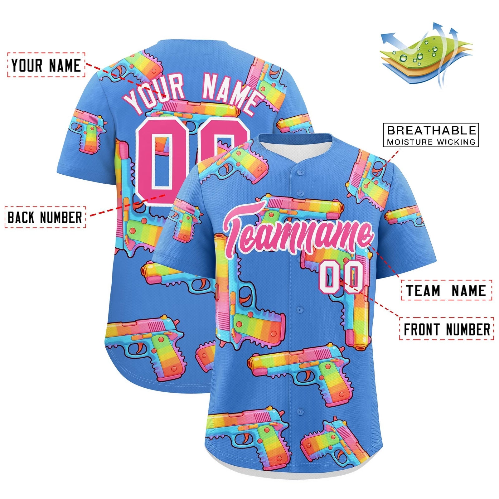 Custom Youth Baseball Jersey Powder Blue Pink Sugar-Coated Firepower Graffiti Pattern Urban Fashion