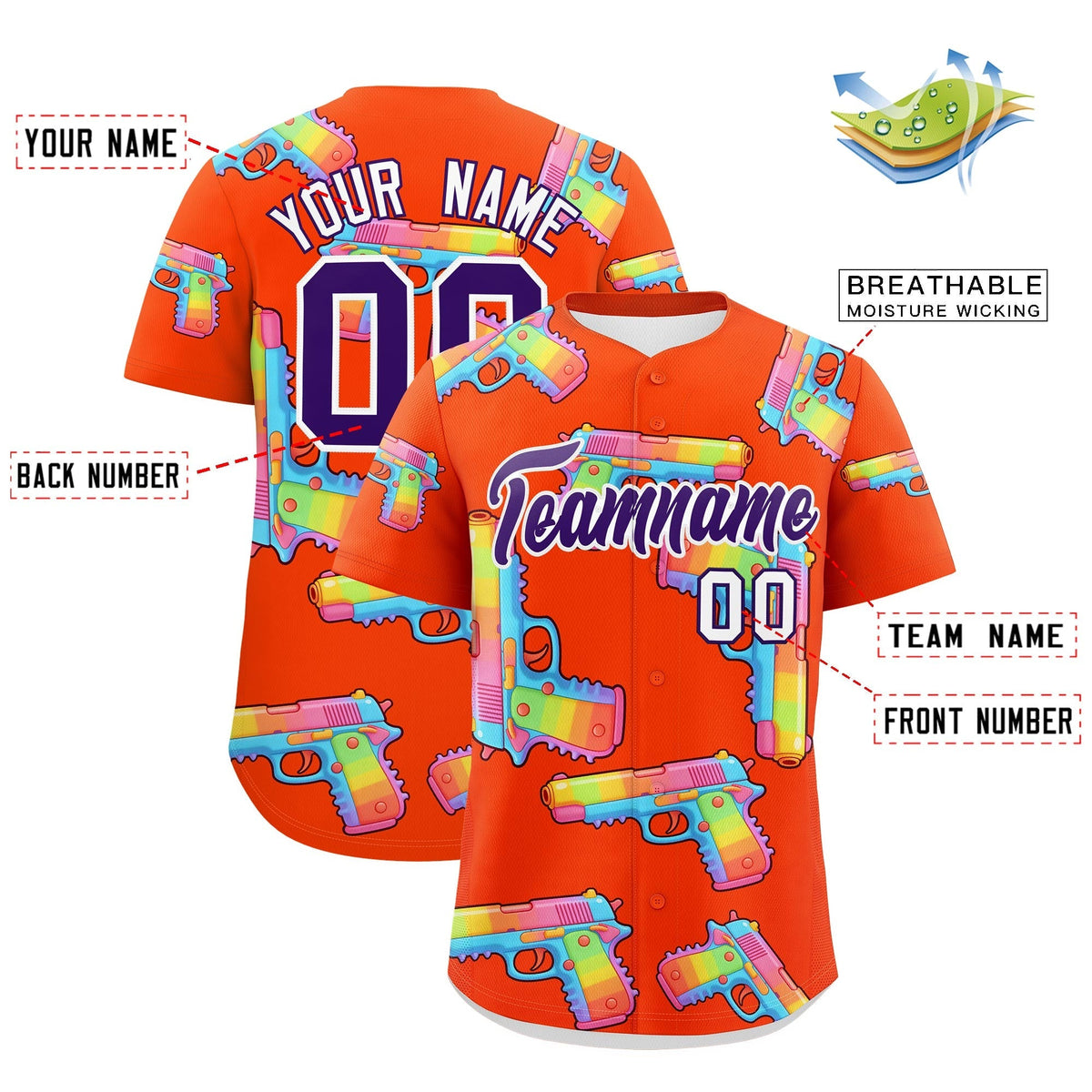 Custom Youth Baseball Jersey Orange Purple Sugar-Coated Firepower Graffiti Pattern Street Style