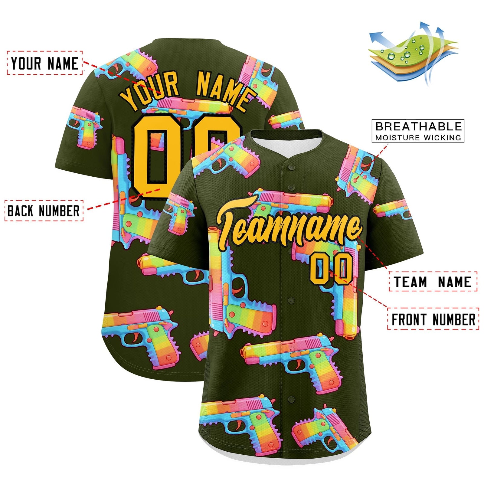 Custom Youth Baseball Jersey Olive Yellow Sugar-Coated Firepower Graffiti Pattern Street Style