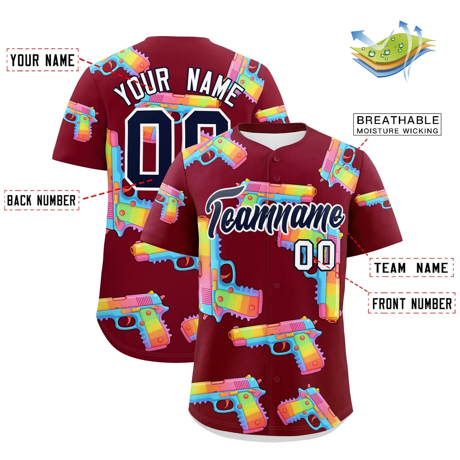 Custom Youth Baseball Jersey Crimson Navy Sugar-Coated Firepower Graffiti Pattern Street Style