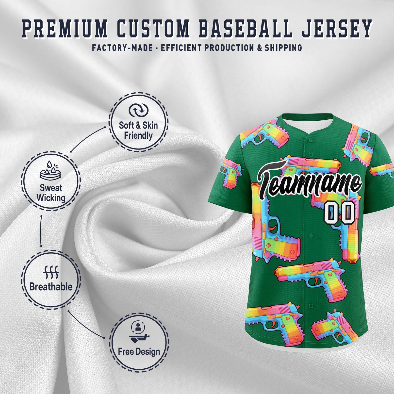 Custom Youth Baseball Jersey Kelly Green Black Sugar-Coated Firepower Graffiti Pattern Urban Fashion