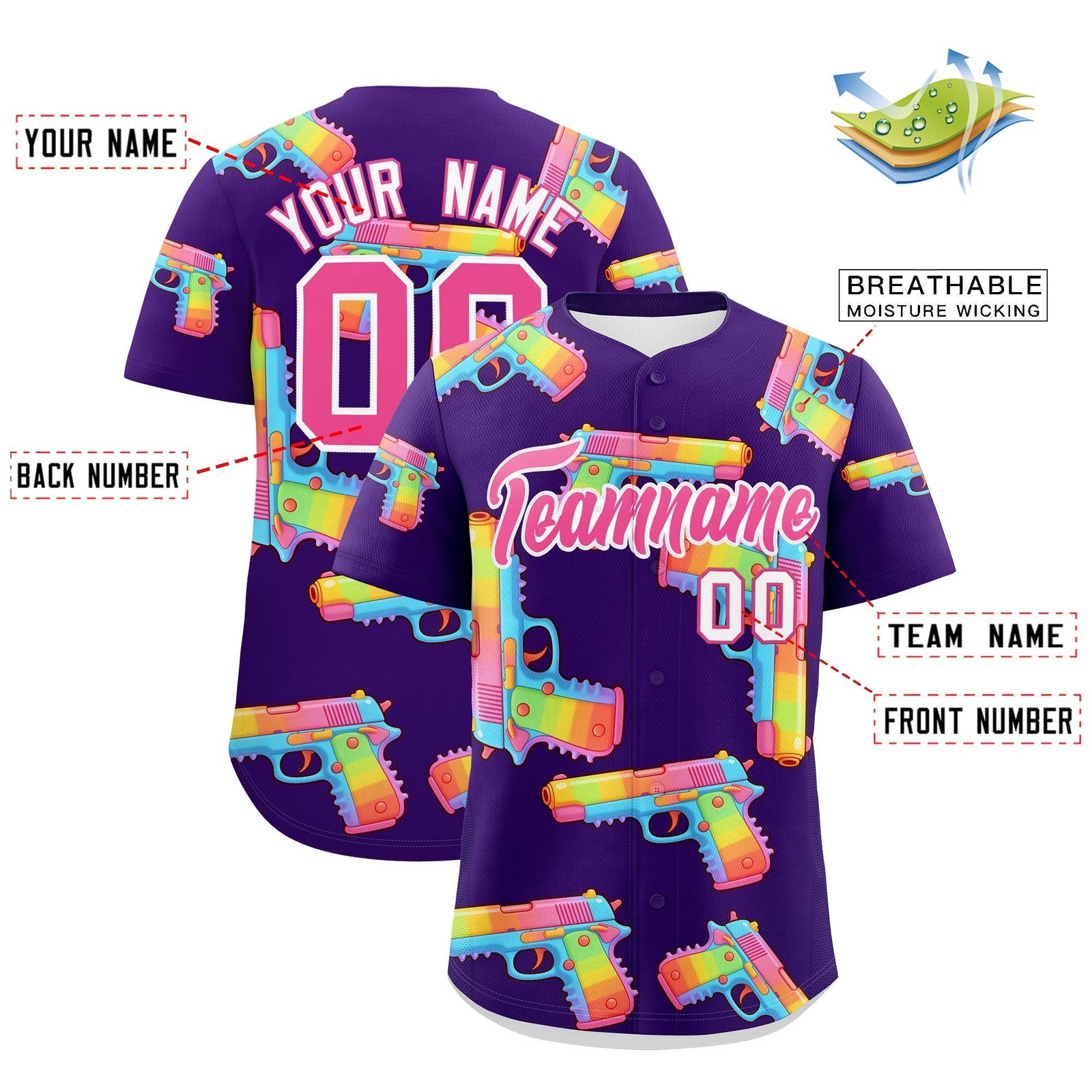 Custom Youth Baseball Jersey Purple Pink Sugar-Coated Firepower Graffiti Pattern Street Style
