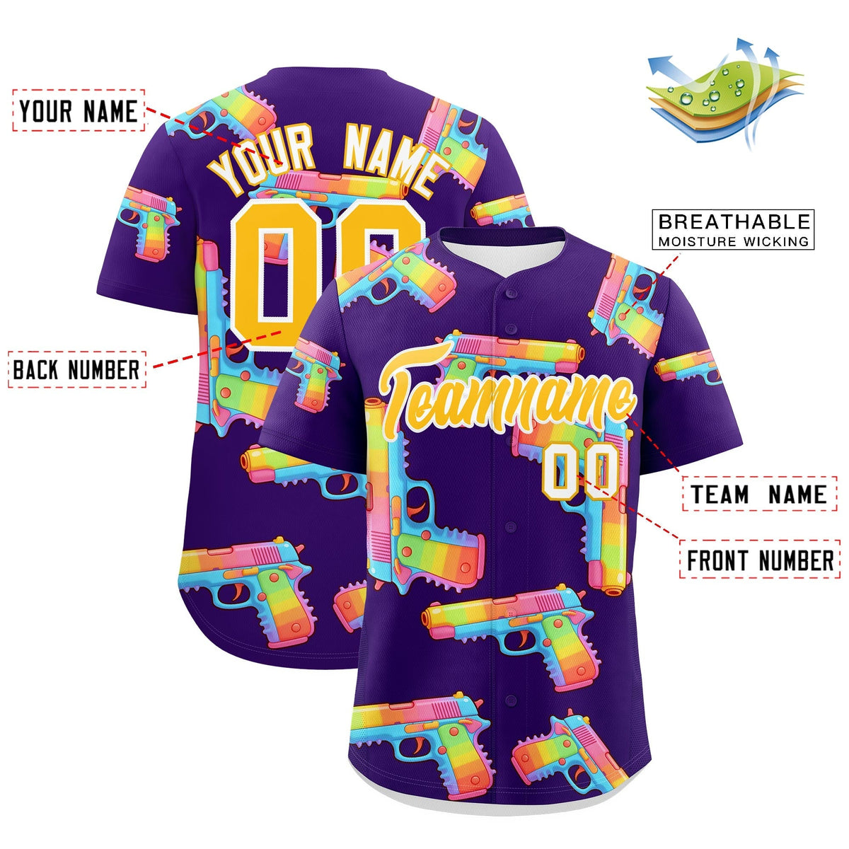Custom Youth Baseball Jersey Purple Yellow Sugar-Coated Firepower Graffiti Pattern Street Style