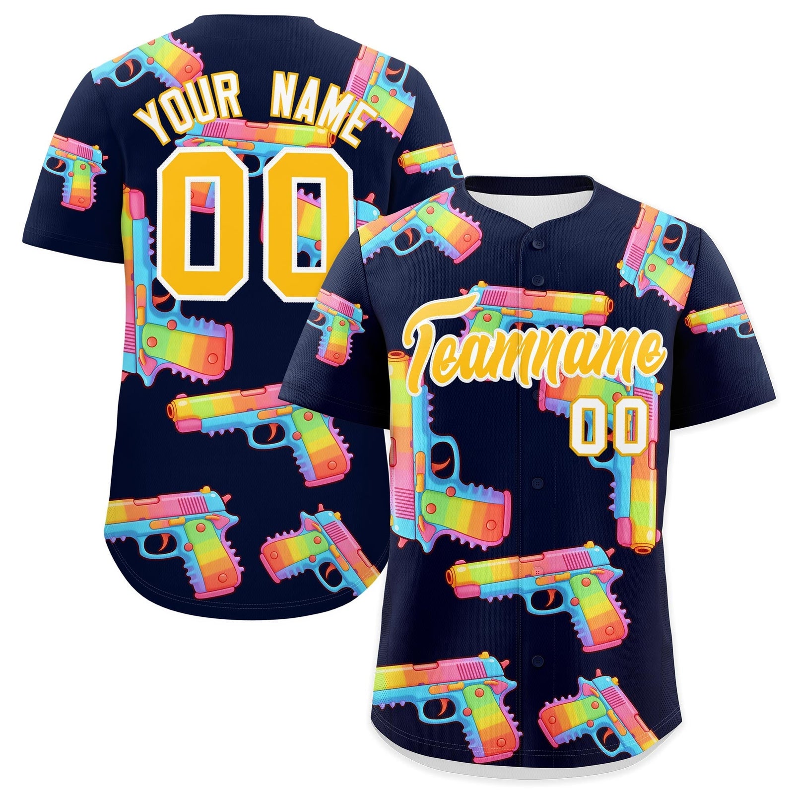 Custom Youth Baseball Jersey Navy Yellow Sugar-Coated Firepower Graffiti Pattern Hip-hop