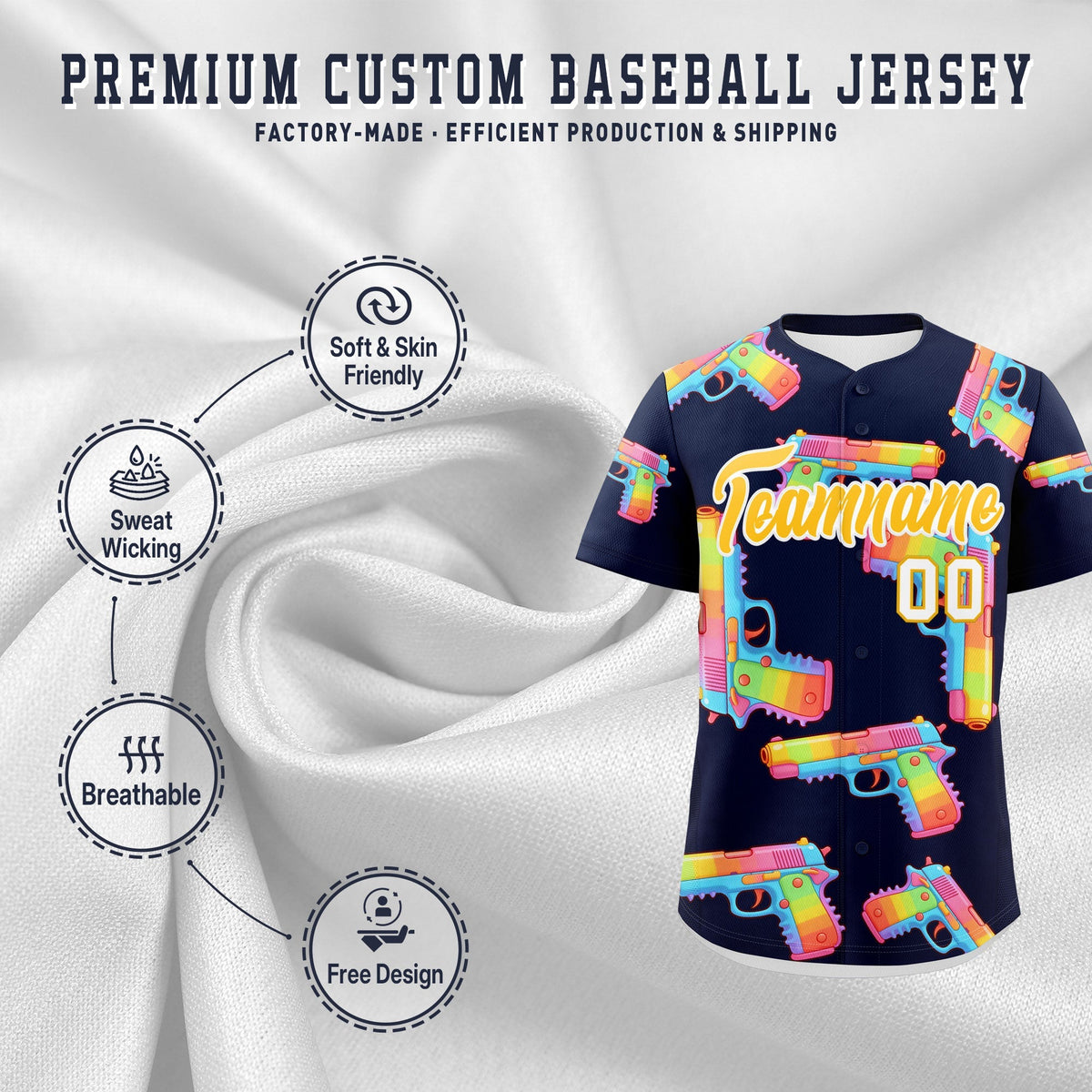 Custom Youth Baseball Jersey Navy Yellow Sugar-Coated Firepower Graffiti Pattern Hip-hop