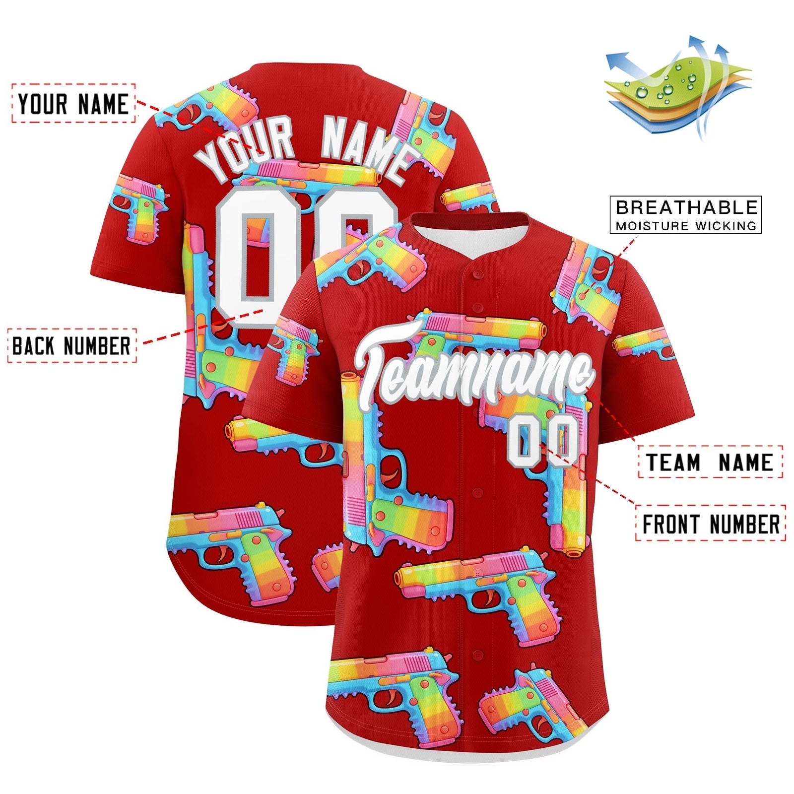 Custom Youth Baseball Jersey Red White Sugar-Coated Firepower Graffiti Pattern Urban Fashion