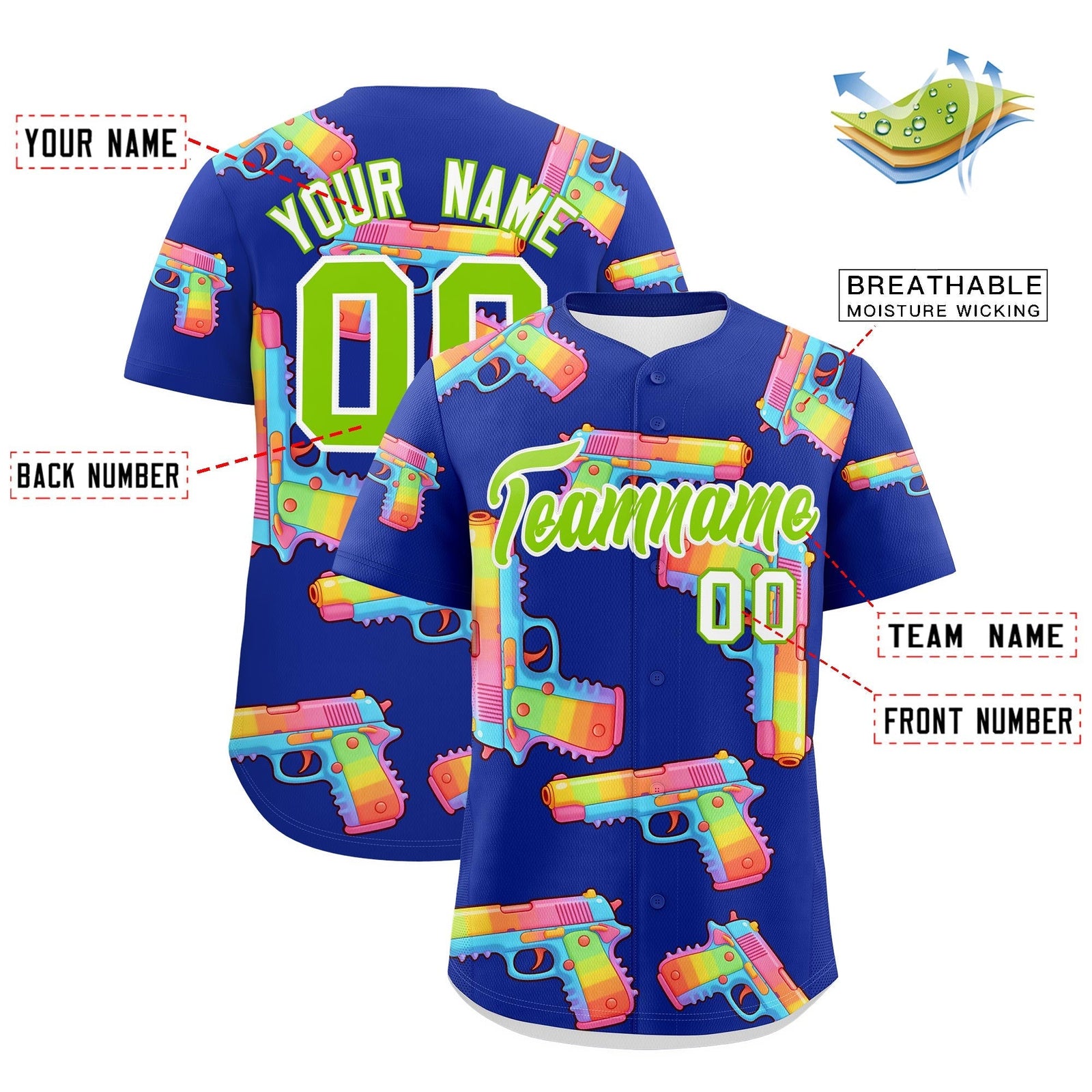 Custom Youth Baseball Jersey Royal Blue Neon Green Sugar-Coated Firepower Graffiti Pattern Hip-hop