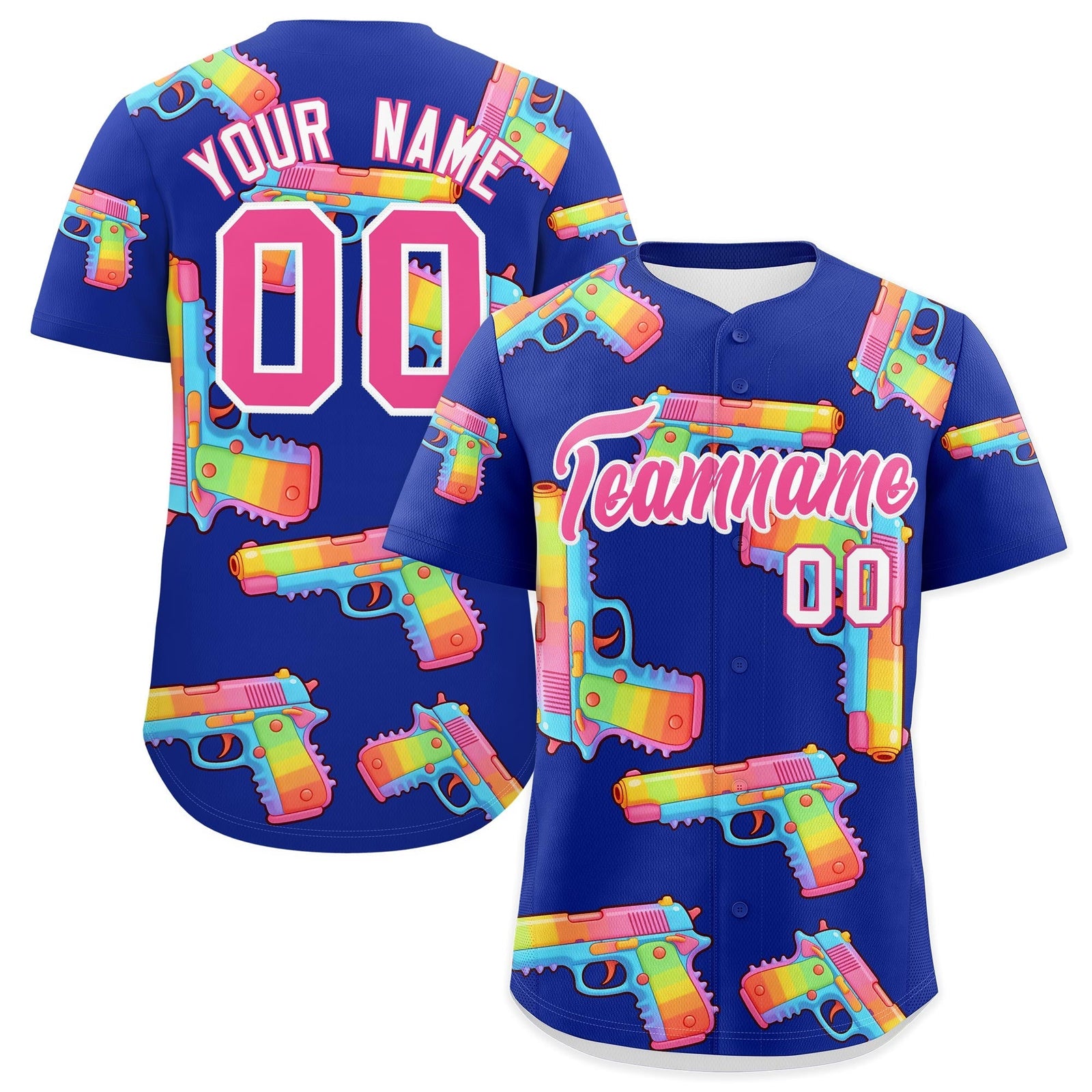 Custom Youth Baseball Jersey Royal Blue Pink Sugar-Coated Firepower Graffiti Pattern Urban Fashion
