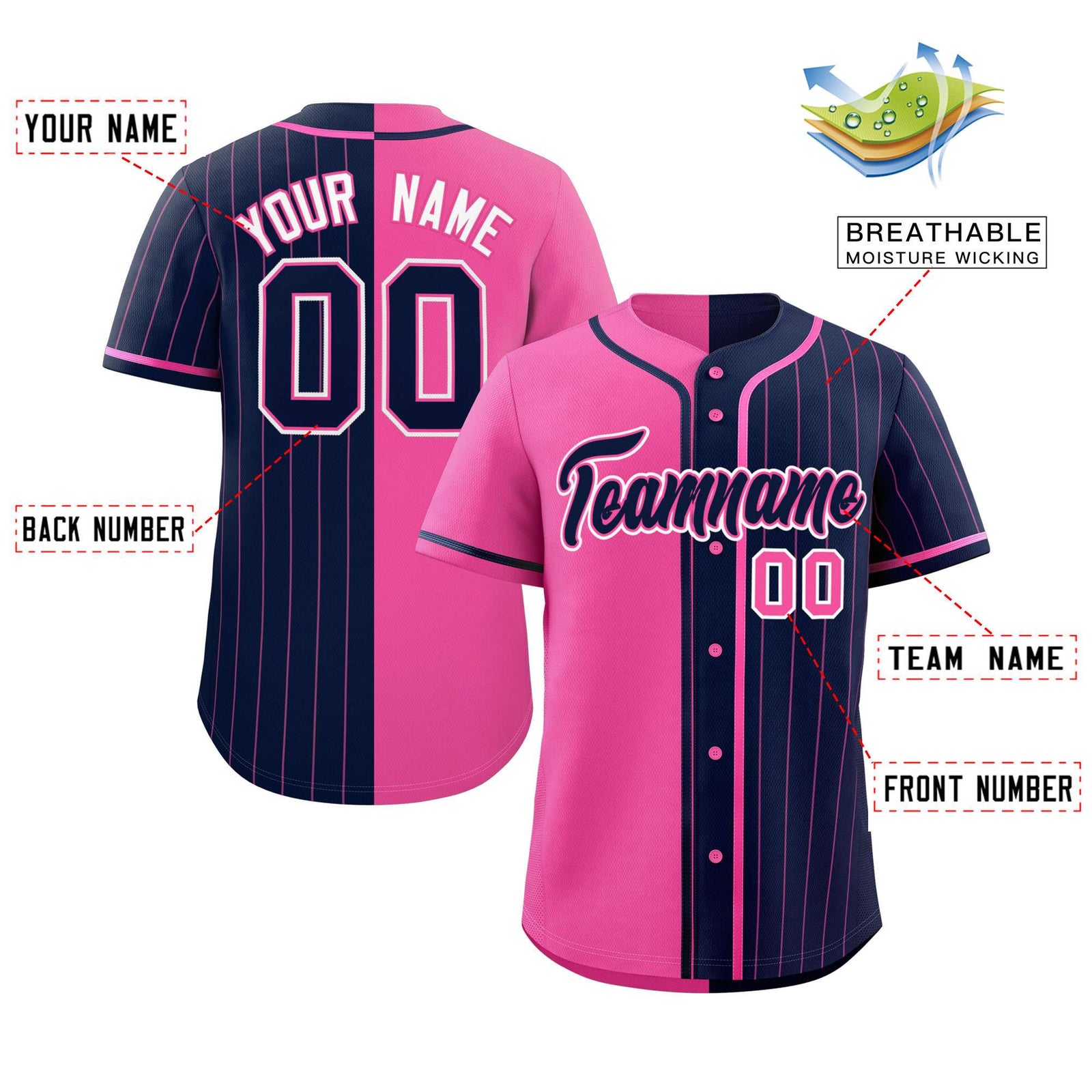 Custom Pink Navy Stripe-Solid Combo Fashion Authentic Baseball Jersey
