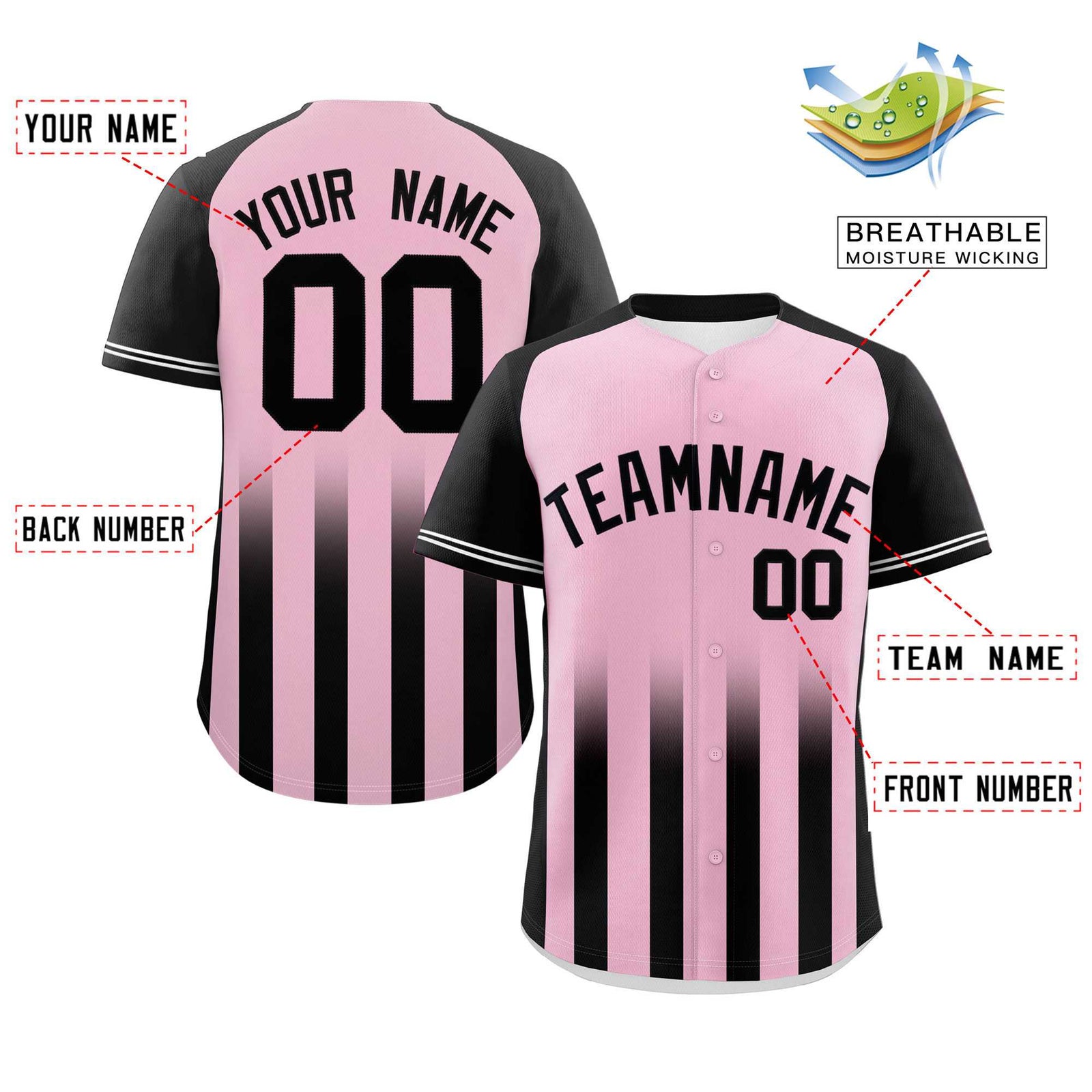Custom Light Pink Black Raglan Sleeves Gradient Thick Stripe Authentic Baseball Jersey