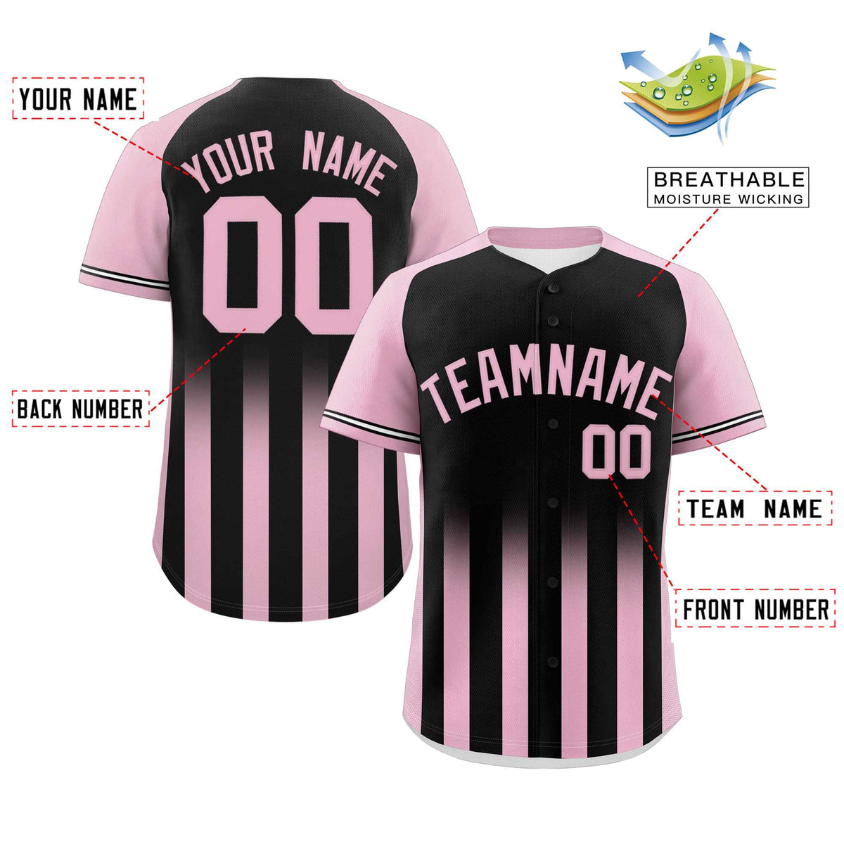 Custom Black Light Pink Raglan Sleeves Gradient Thick Stripe Authentic Baseball Jersey