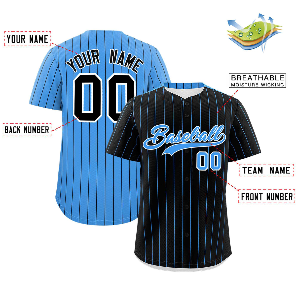 Custom Black Powder Blue Pinstripe Personalized Two-Tone Authentic Baseball Jersey