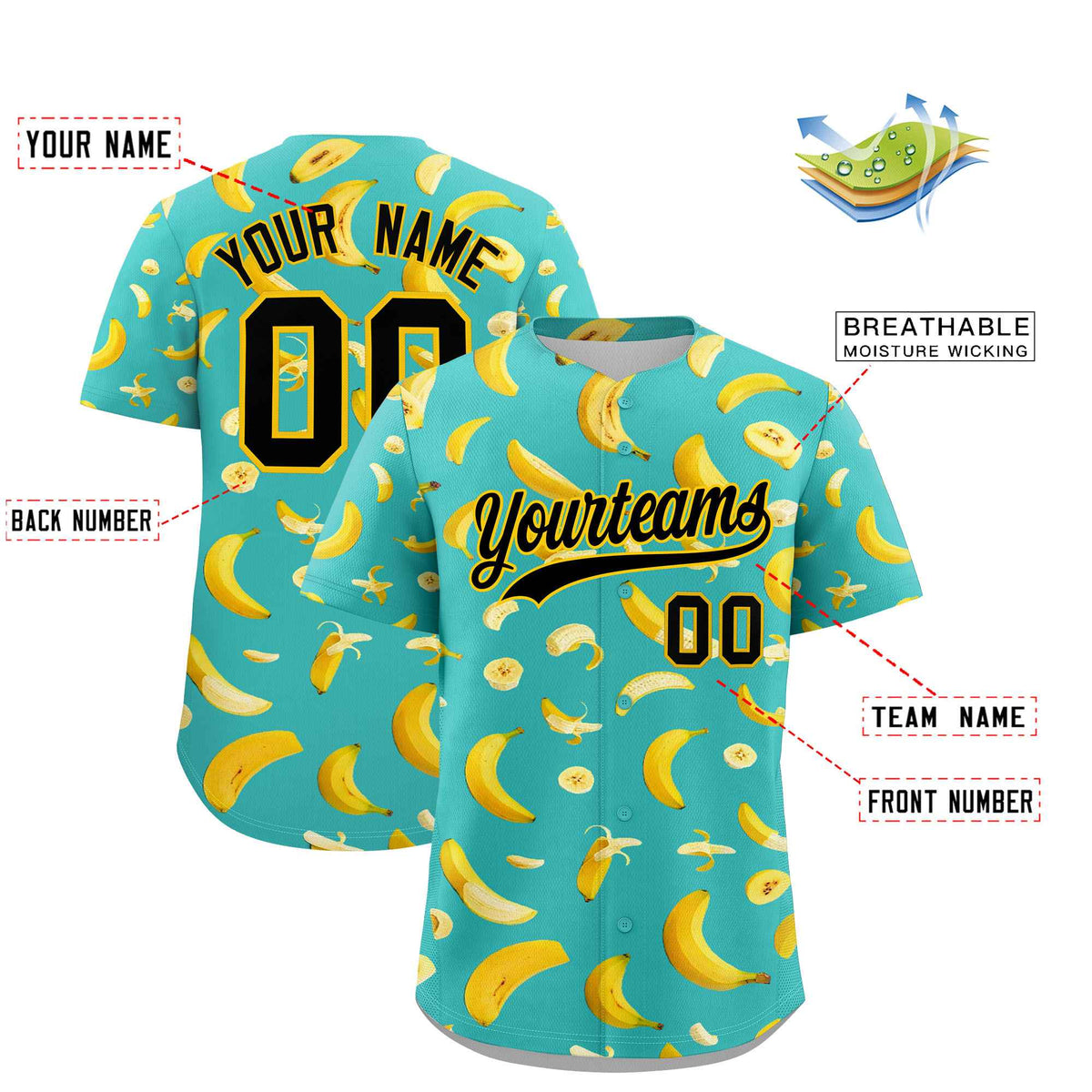 Custom Teal Banana Graffiti Pattern Fashion Authentic Baseball Jersey | Graffiti Pattern | Embroidery&amp;Dye-sublimation printing | KXKSHOP